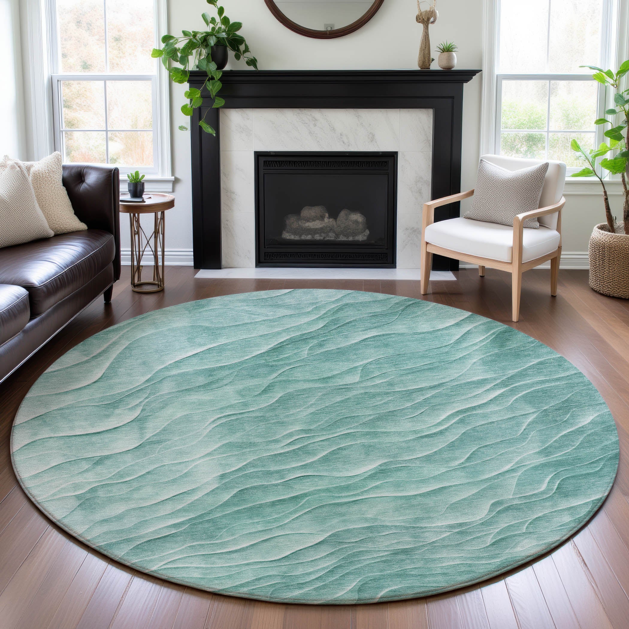 Seville Machine Washable Transitional Aqua Teal Rug 8' x 8' #shape_Round