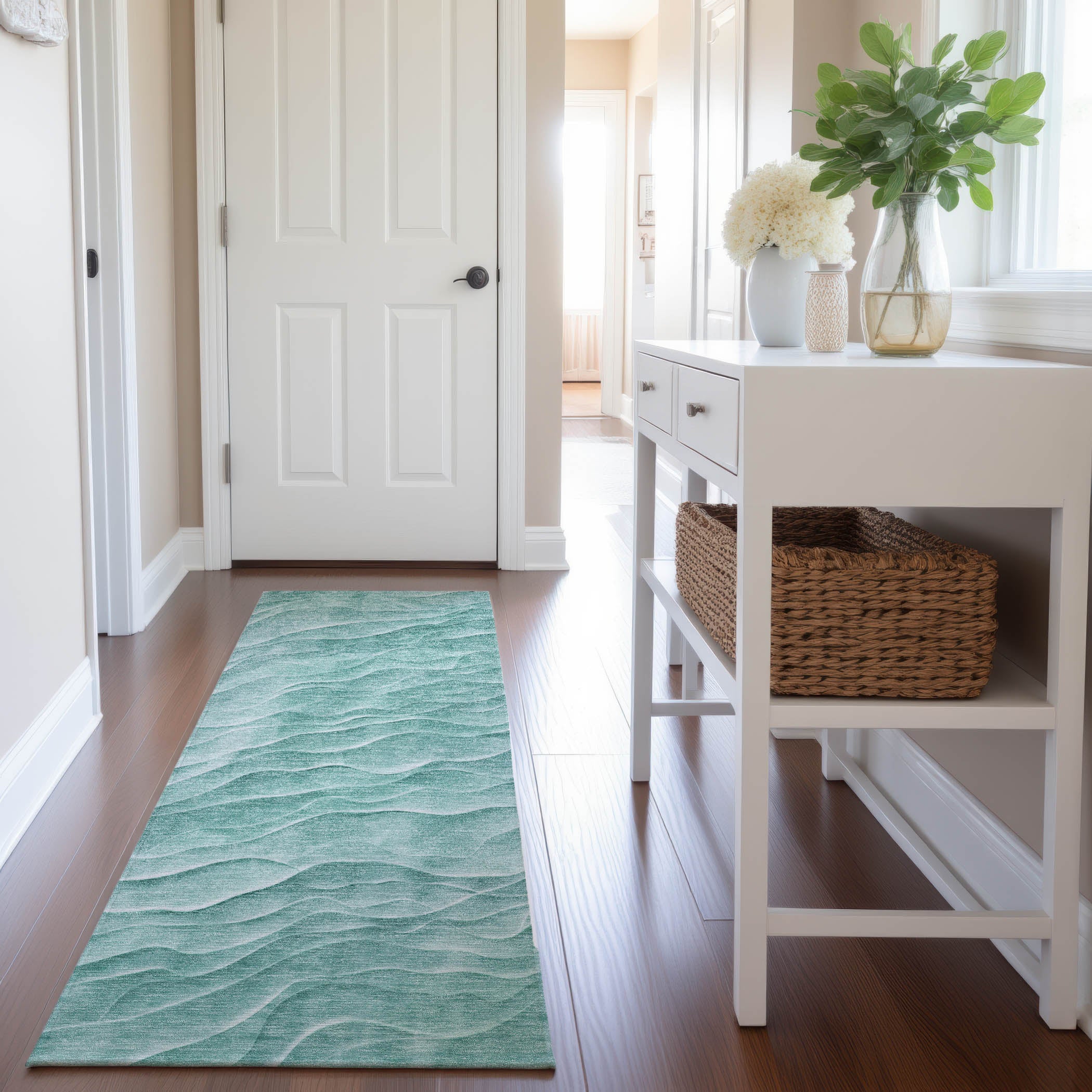 Seville Machine Washable Transitional Aqua Teal Rug 2'3" x 7'6" #shape_Runner