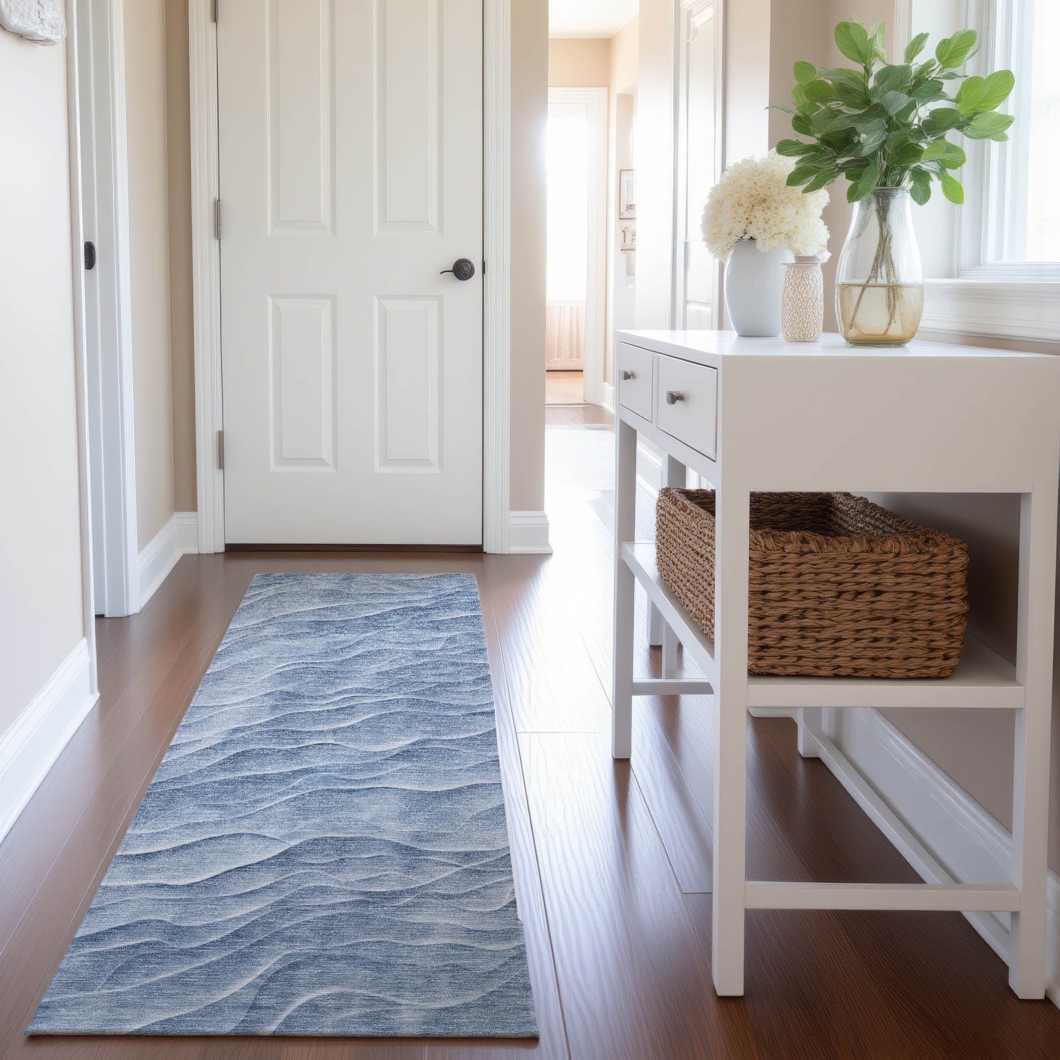 Seville Machine Washable Transitional Denim Blue Rug 2'3" x 7'6" #shape_Runner