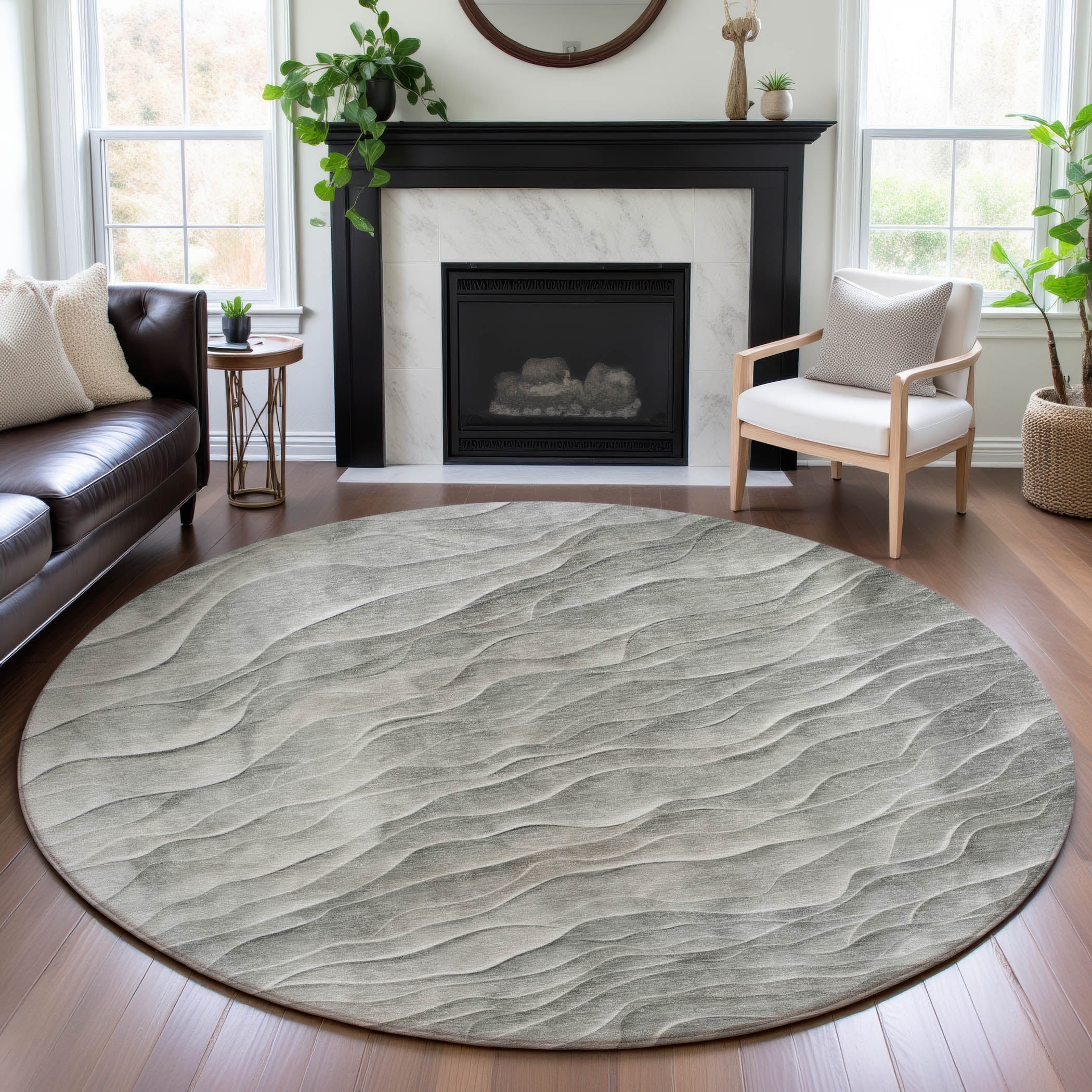 Seville Machine Washable Transitional Taupe Brown Rug 8' x 8' #shape_Round