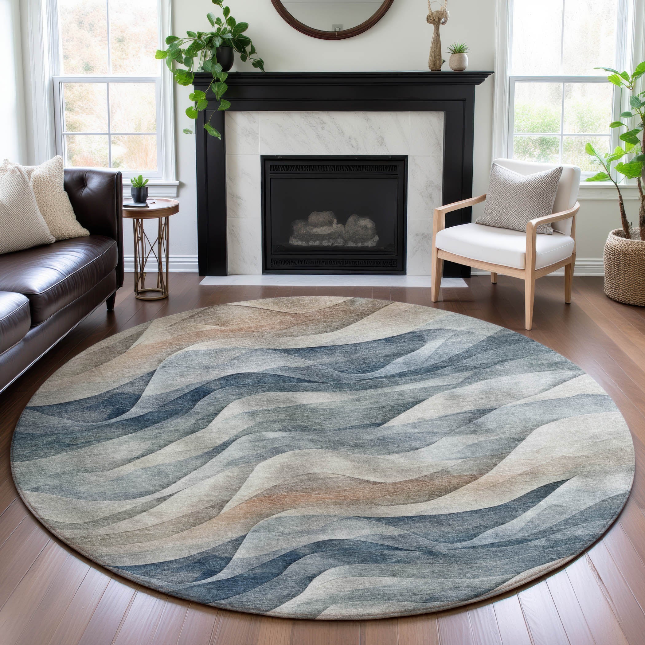 Oslo Machine Washable Transitional Blue Rug 8' x 8' #shape_Round