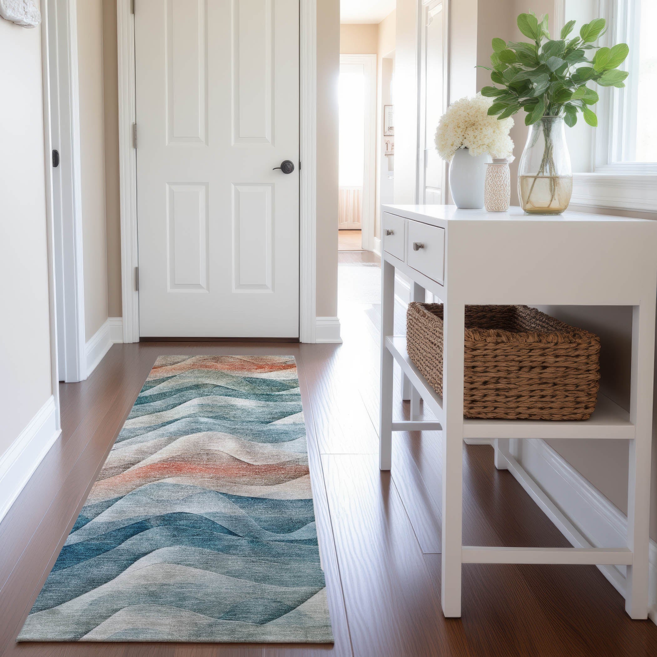 Oslo Machine Washable Transitional Teal Rug 2'3" x 7'6" #shape_Runner