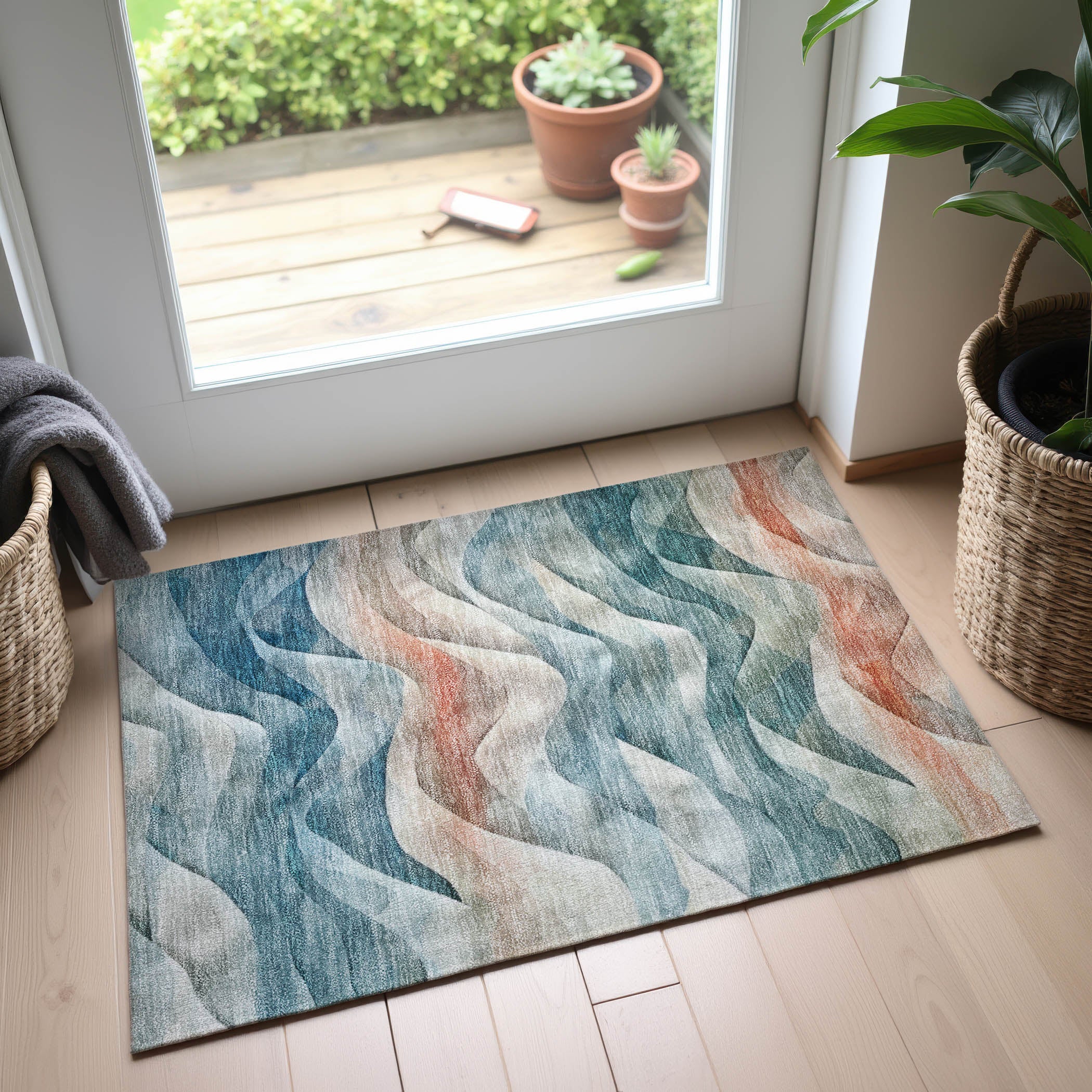 Oslo Machine Washable Transitional Teal Rug 1'8" x 2'6" #shape_Rectangle