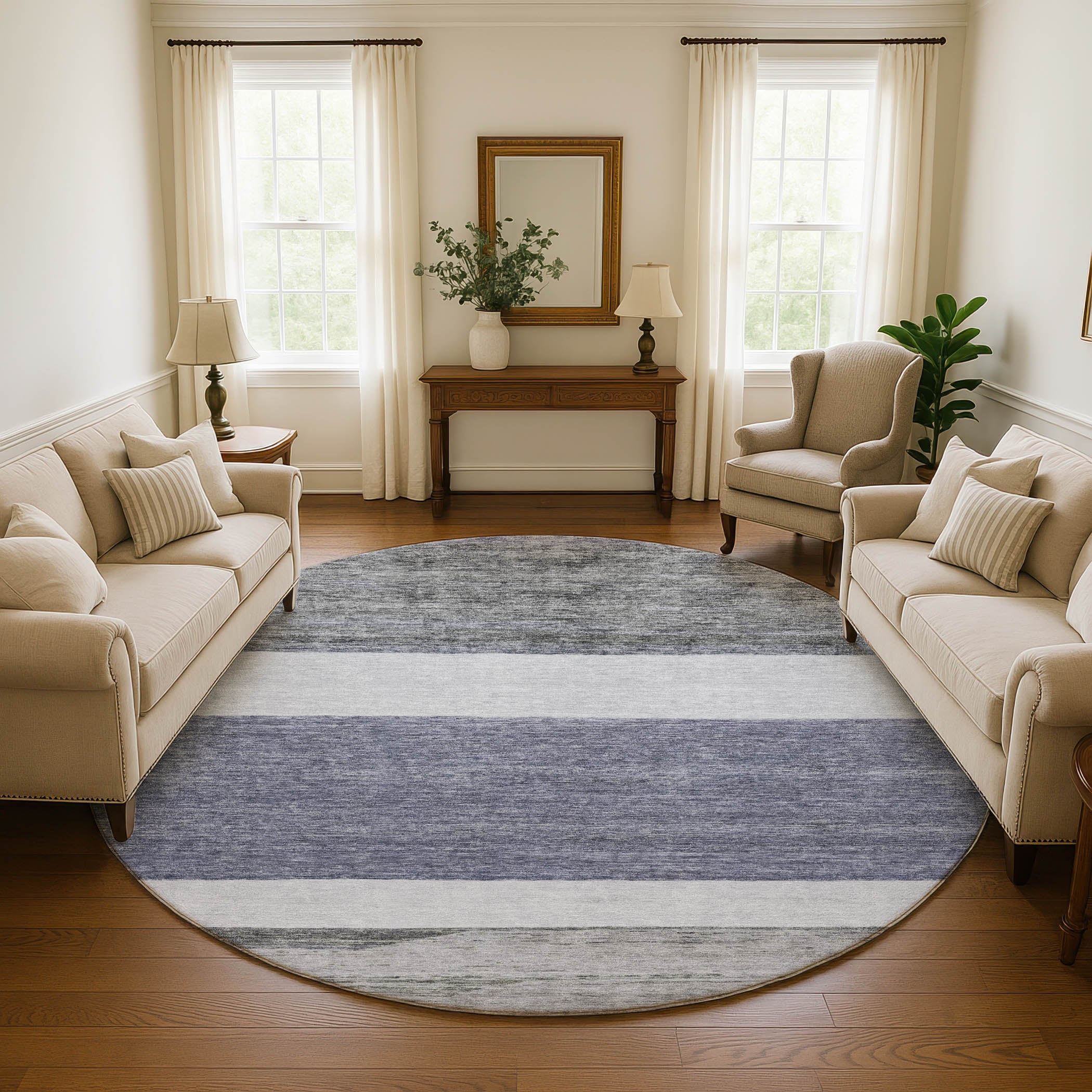 Ghent Machine Washable Transitional Denim Blue Rug 8' x 8' #shape_Round
