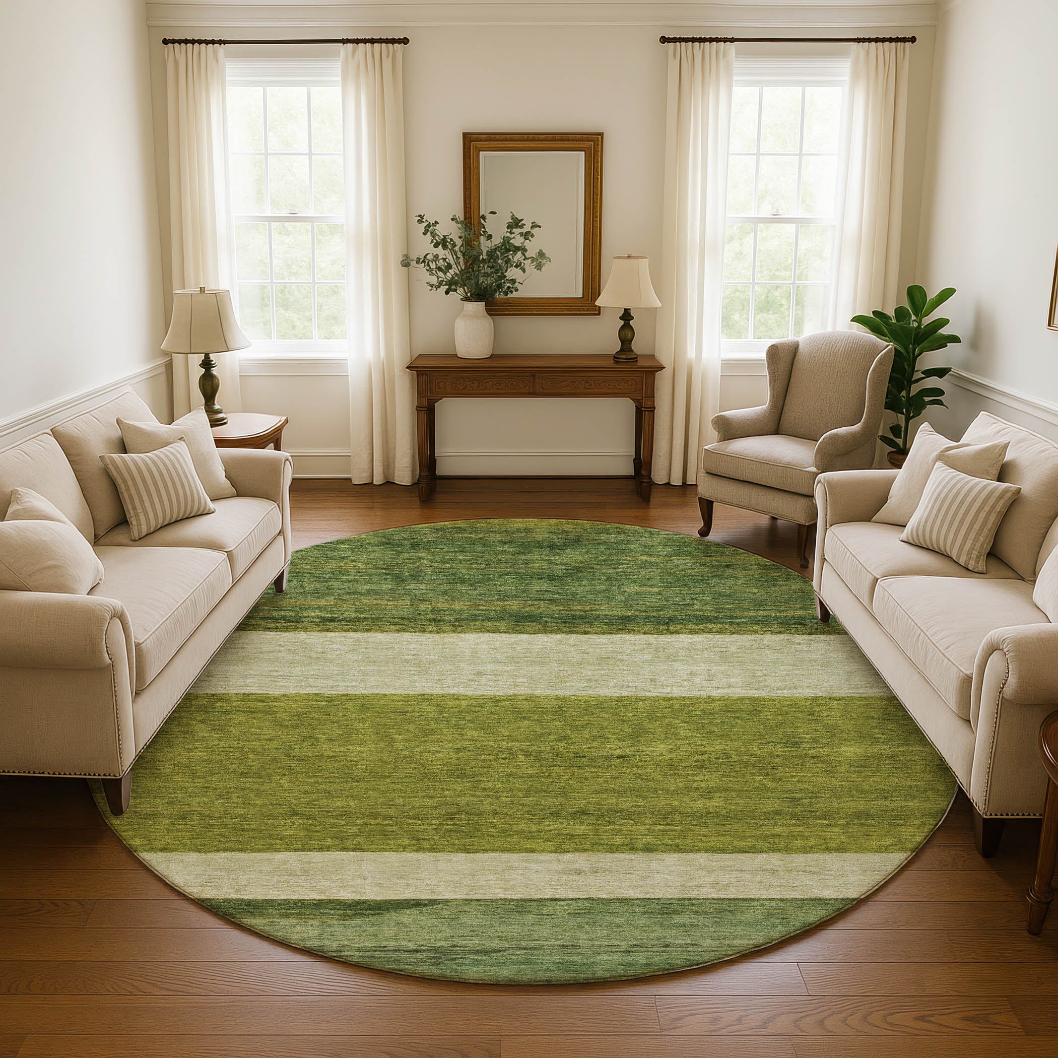 Ghent Machine Washable Transitional Olive Green Rug 8' x 8' #shape_Round
