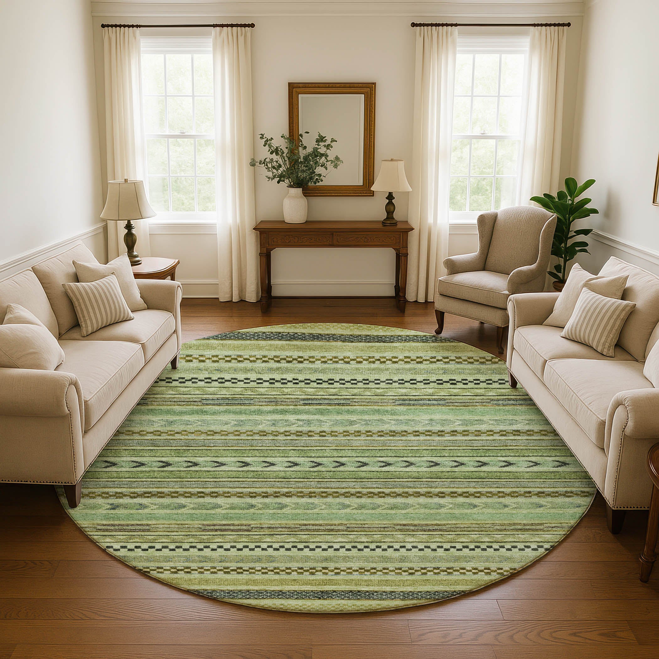 Sarajevo Machine Washable Transitional Aloe Green Rug 8' x 8' #shape_Round