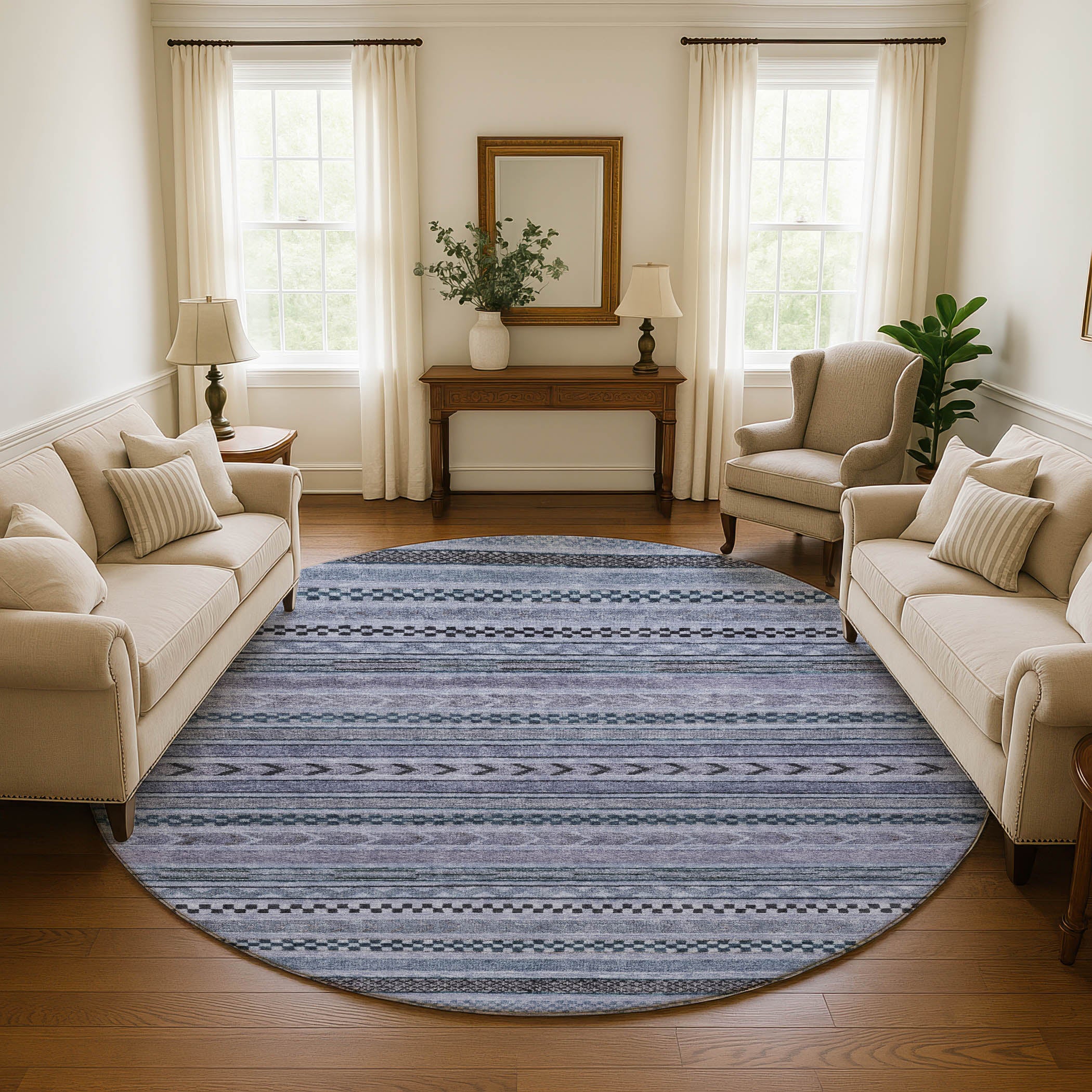 Sarajevo Machine Washable Transitional Blue Rug 8' x 8' #shape_Round