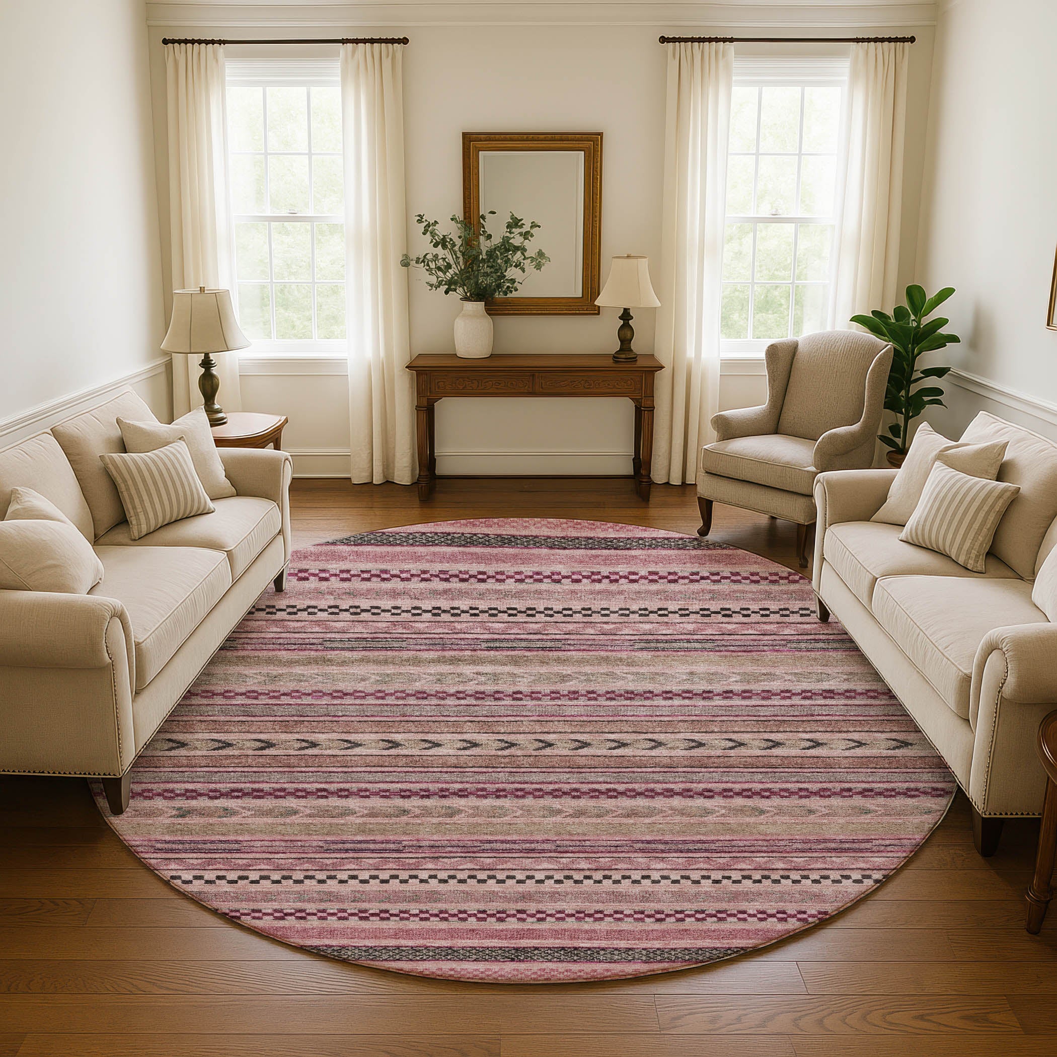 Sarajevo Machine Washable Transitional Pink Rug 8' x 8' #shape_Round