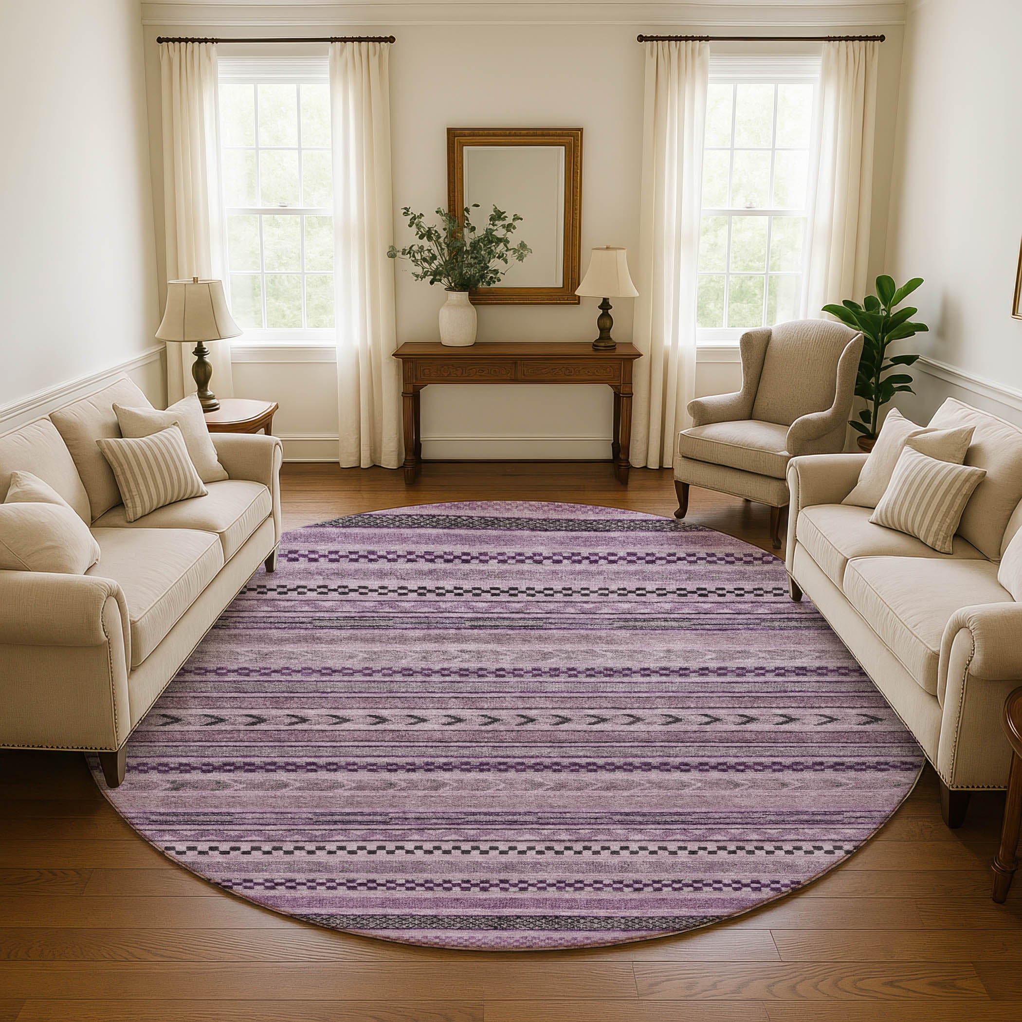 Sarajevo Machine Washable Transitional Plum Purple Rug 8' x 8' #shape_Round