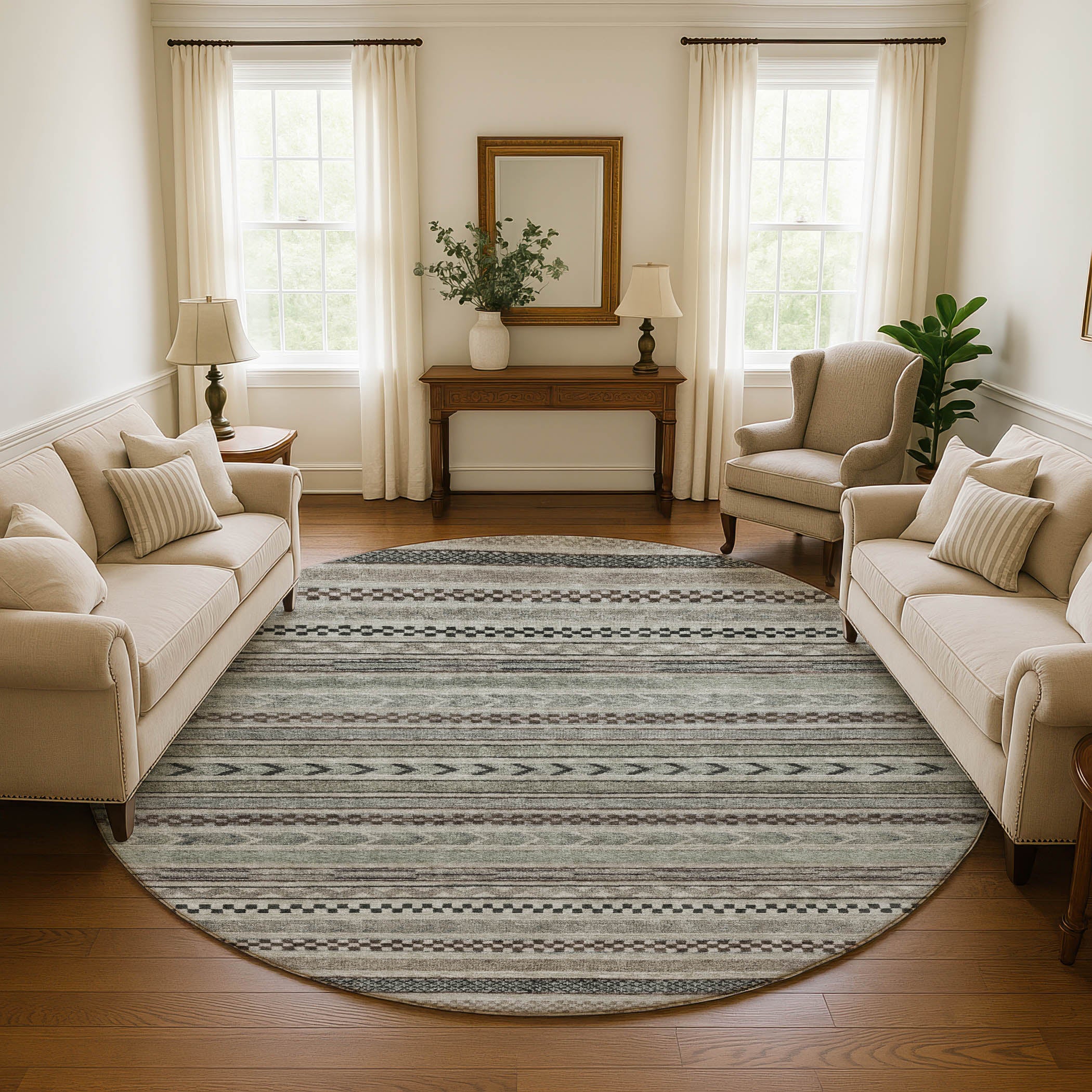 Sarajevo Machine Washable Transitional Taupe Brown Rug 8' x 8' #shape_Round