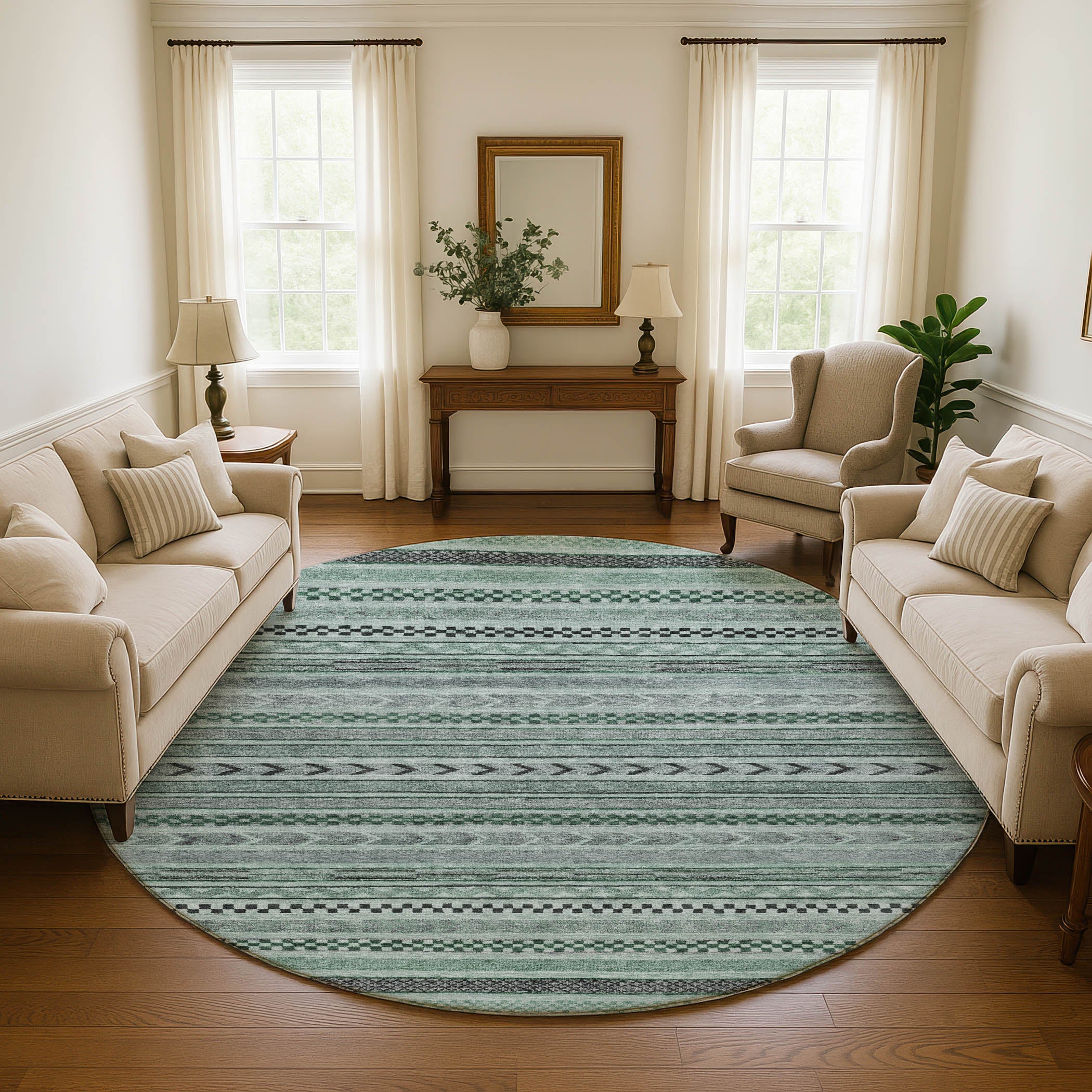 Sarajevo Machine Washable Transitional Teal Rug 8' x 8' #shape_Round