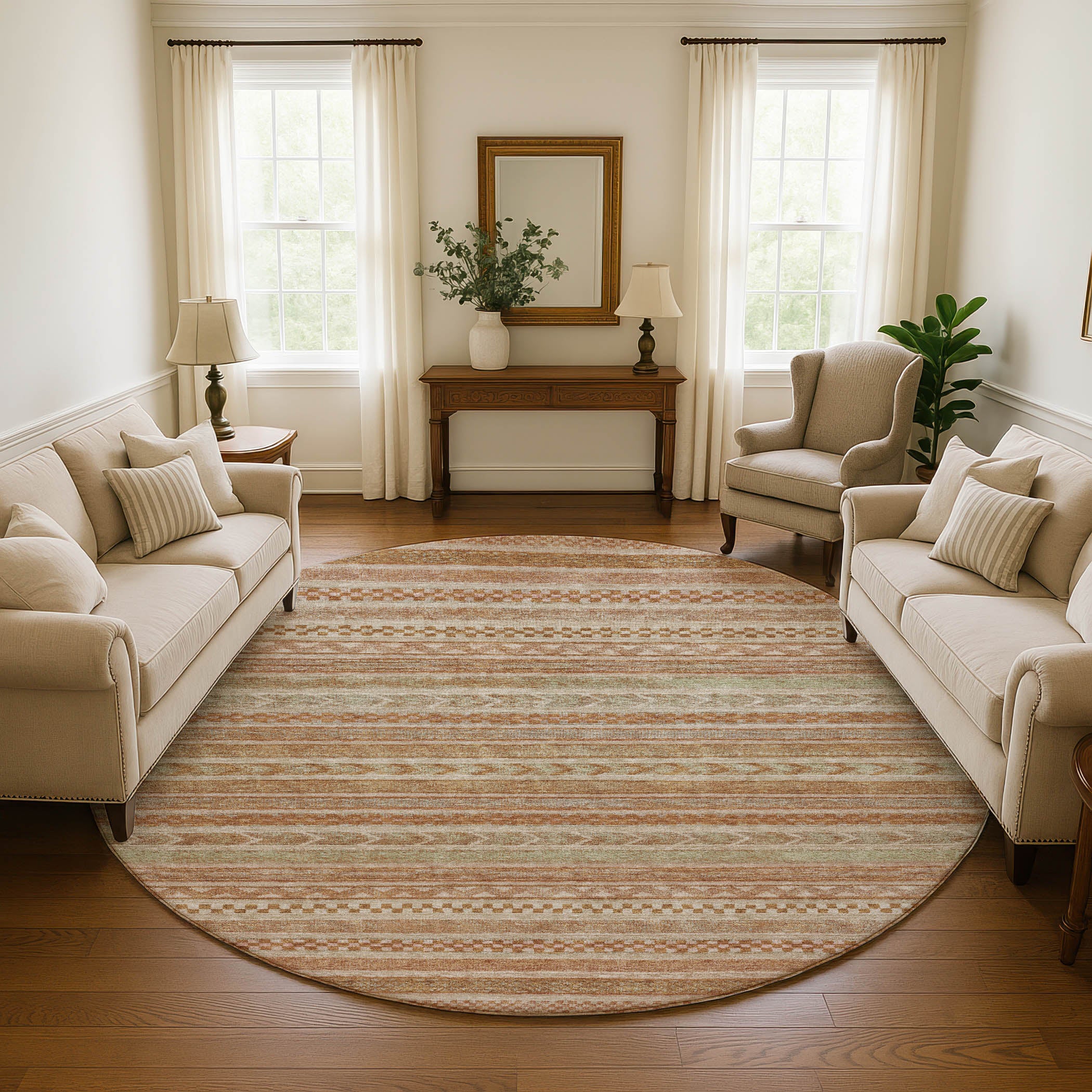 Sarajevo Machine Washable Transitional Terracotta Orange Rug 8' x 8' #shape_Round