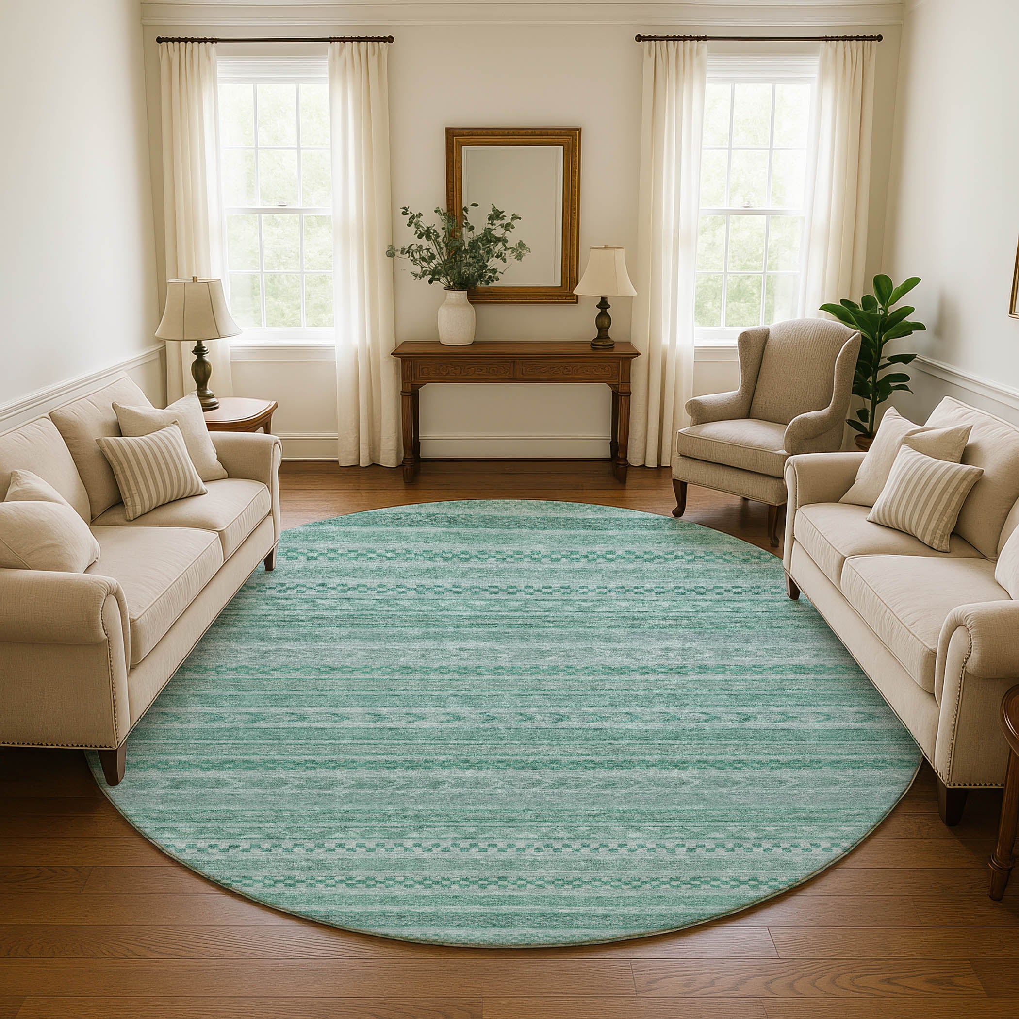 Sarajevo Machine Washable Transitional Turquoise Teal Rug 8' x 8' #shape_Round