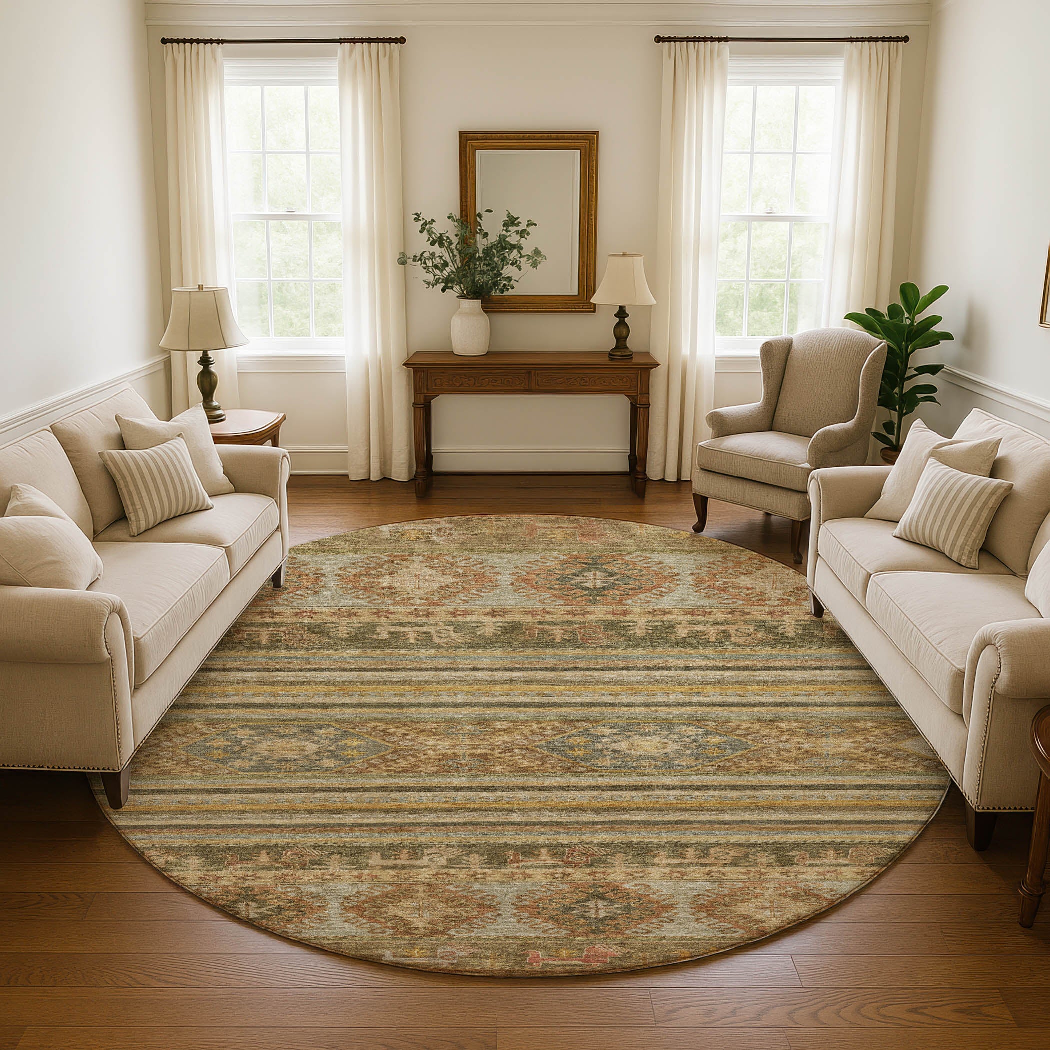 Rome Machine Washable Transitional Beige Brown Rug 8' x 8' #shape_Round