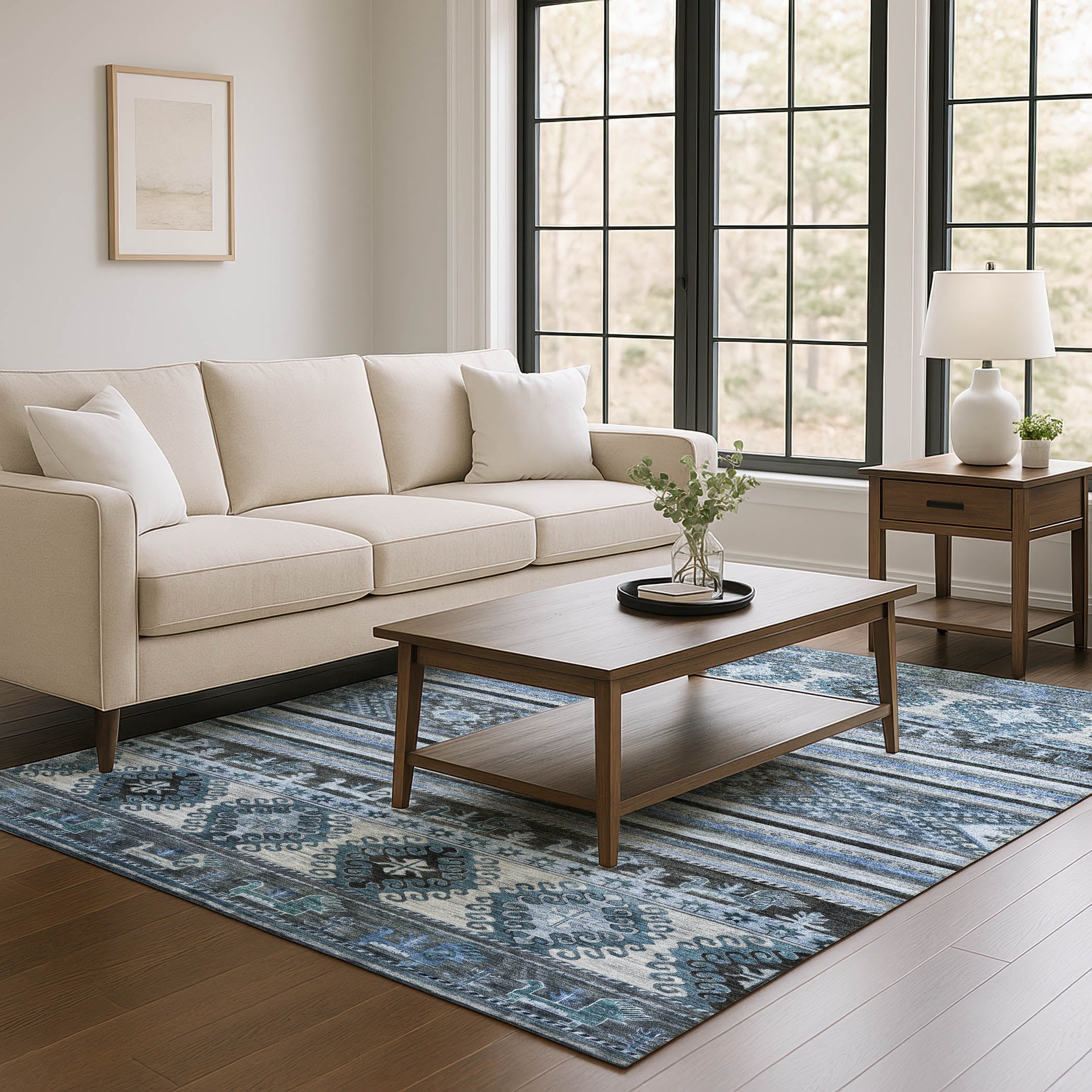 Rome Machine Washable Transitional Blue Rug 2'6" x 3'10" #shape_Rectangle