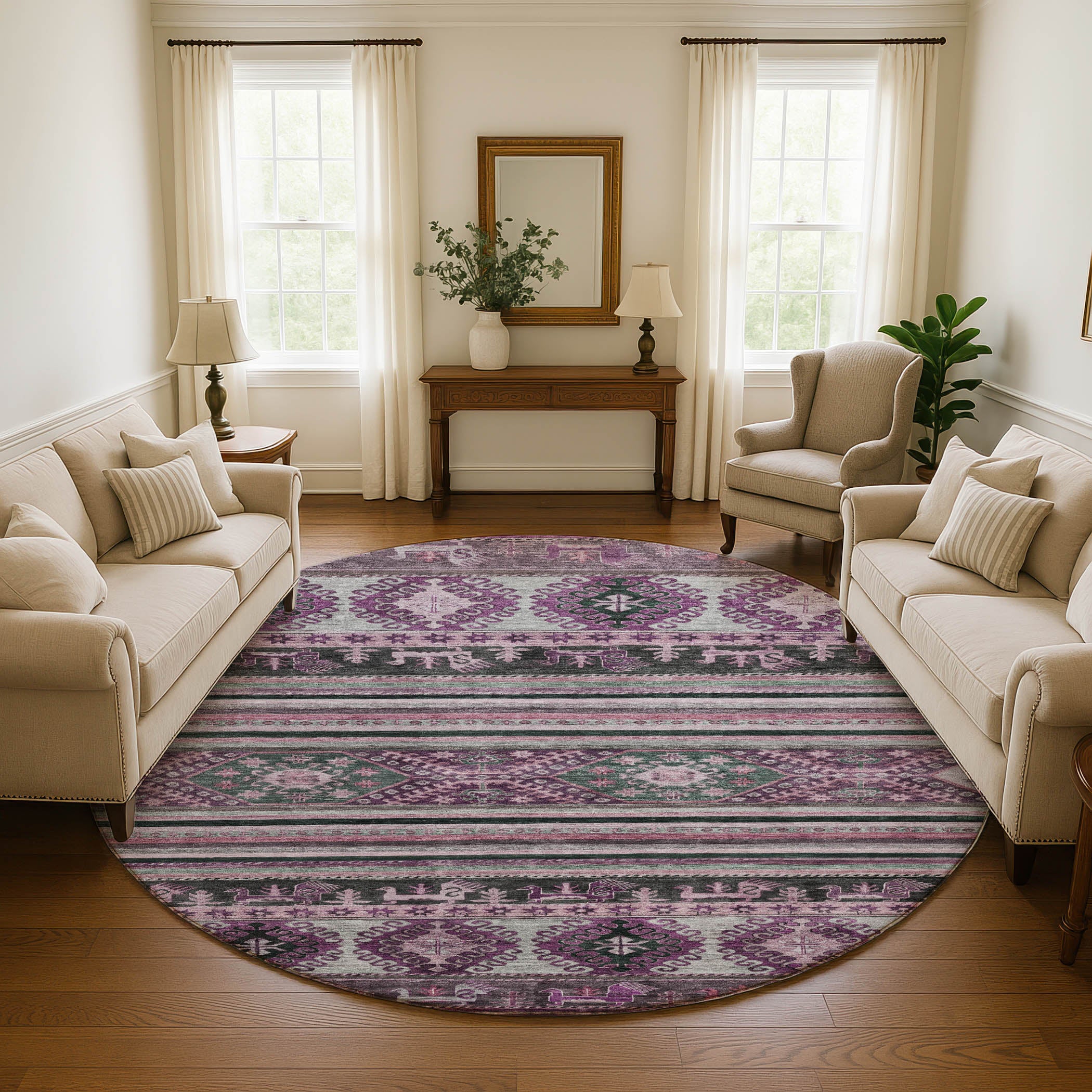 Rome Machine Washable Transitional Purple Rug 8' x 8' #shape_Round