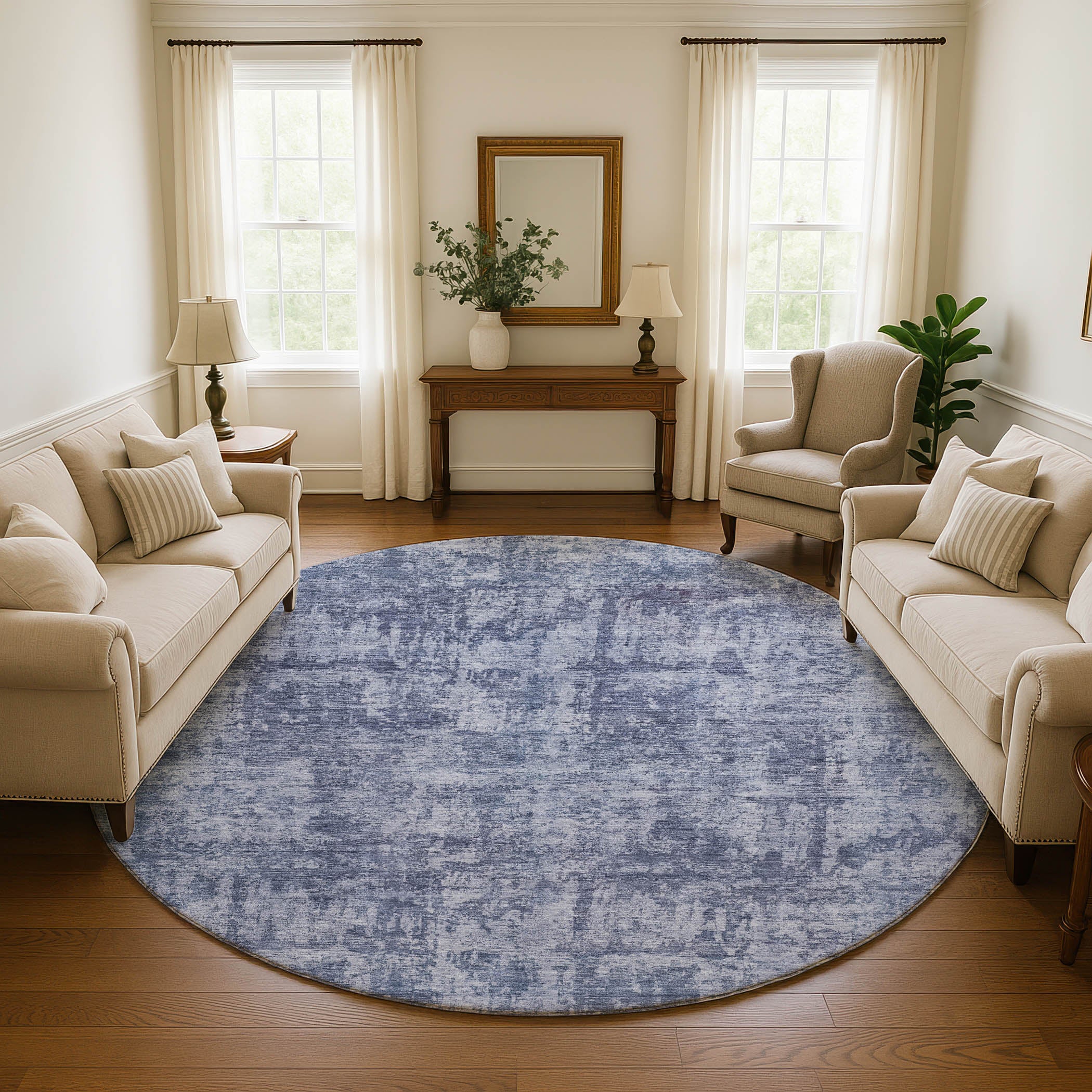 Queenstown Machine Washable Transitional Blue Rug 8' x 8' #shape_Round