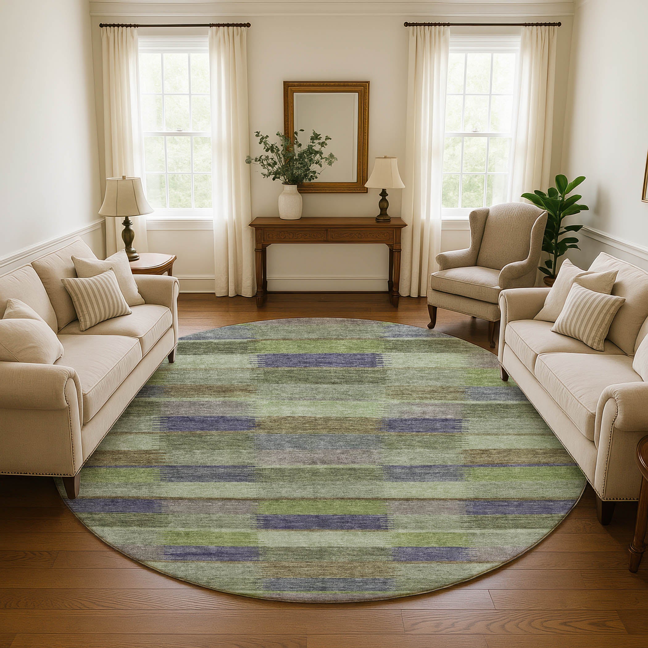 Bergen Machine Washable Transitional Aloe Green Rug 8' x 8' #shape_Round