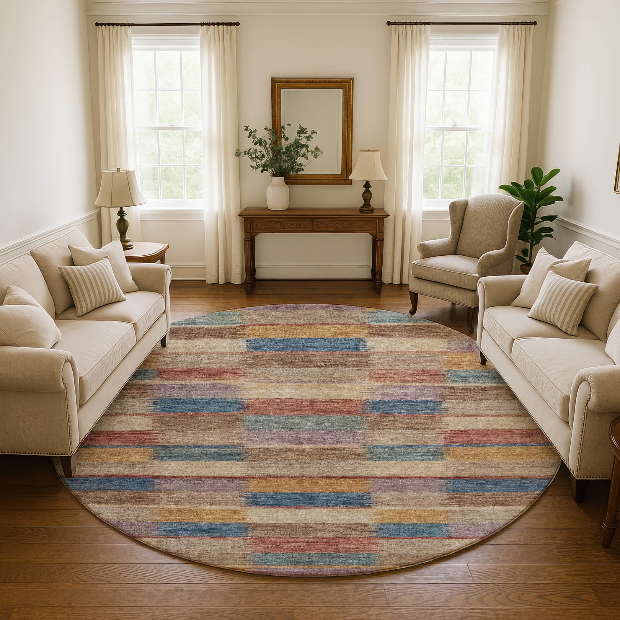 Bergen Machine Washable Transitional Beige Brown Rug 8' x 8' #shape_Round