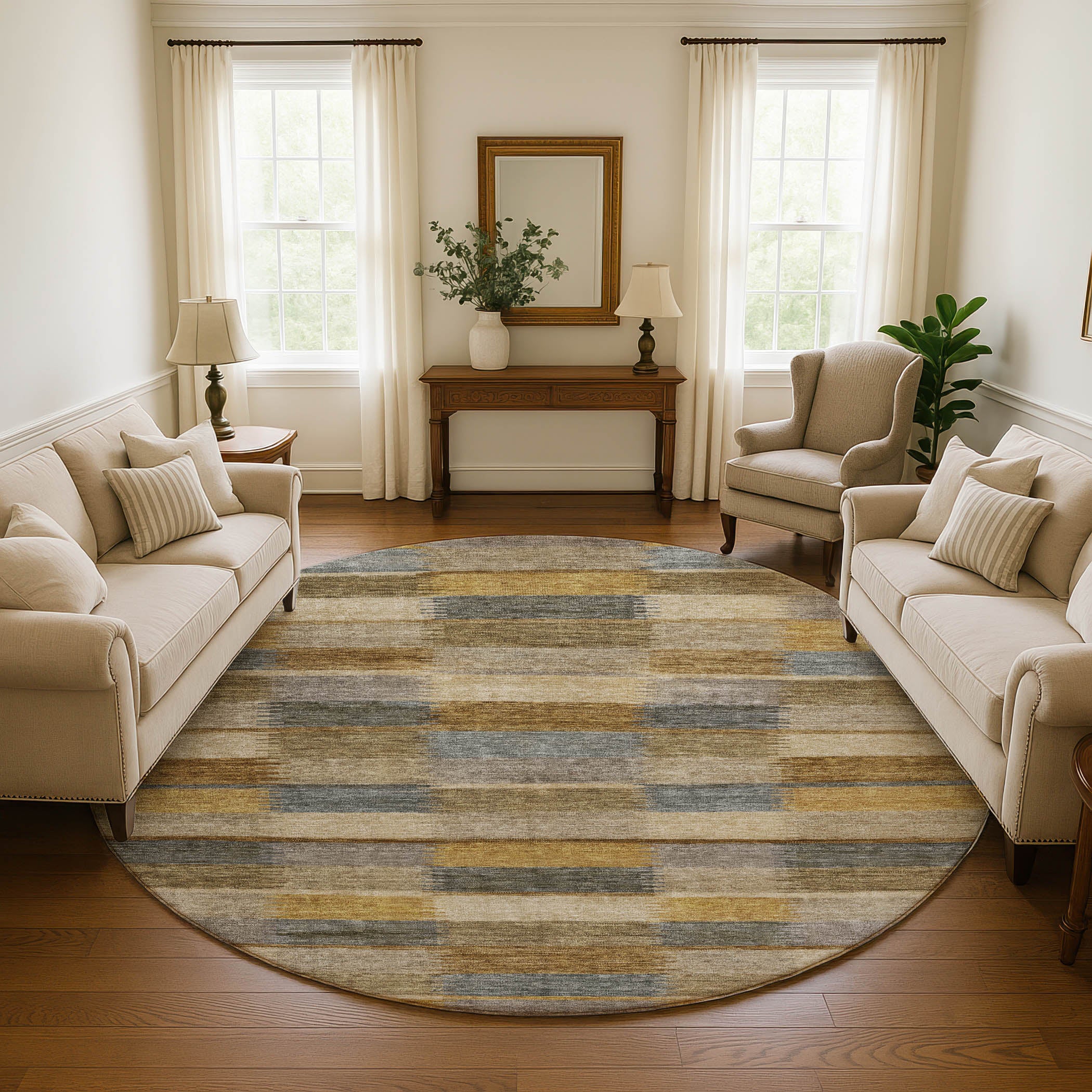 Bergen Machine Washable Transitional Brown Rug 8' x 8' #shape_Round