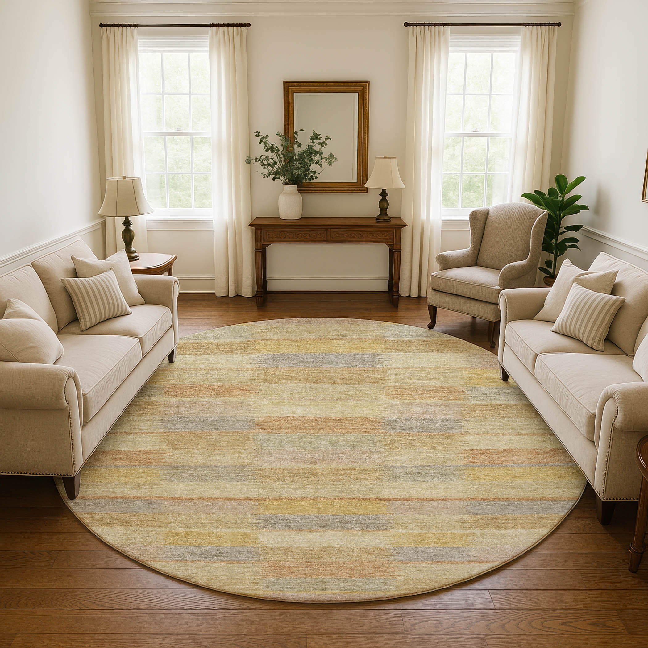 Bergen Machine Washable Transitional Wheat Gold Rug 8' x 8' #shape_Round