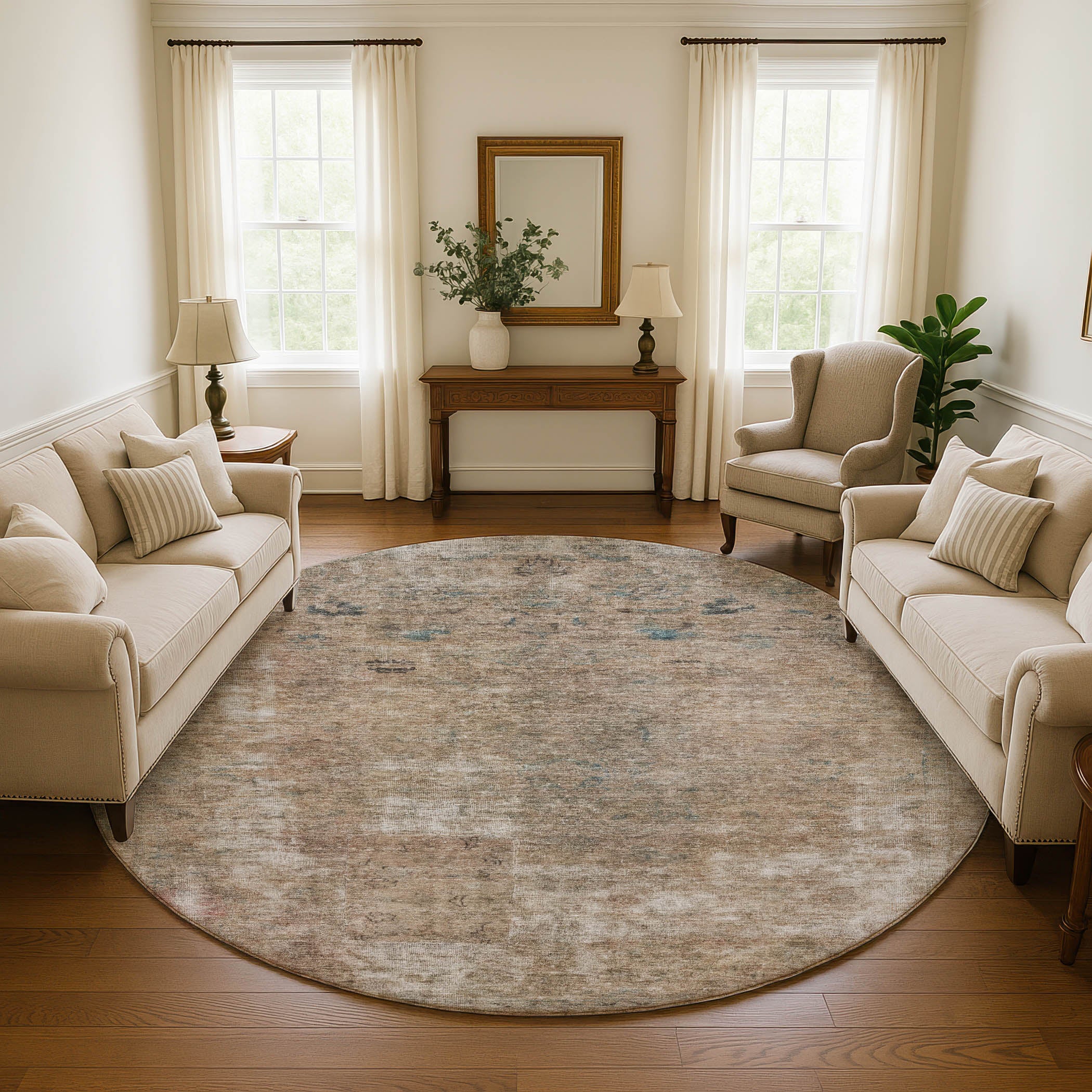 Dublin Machine Washable Traditional Beige Brown Rug 8' x 8' #shape_Round