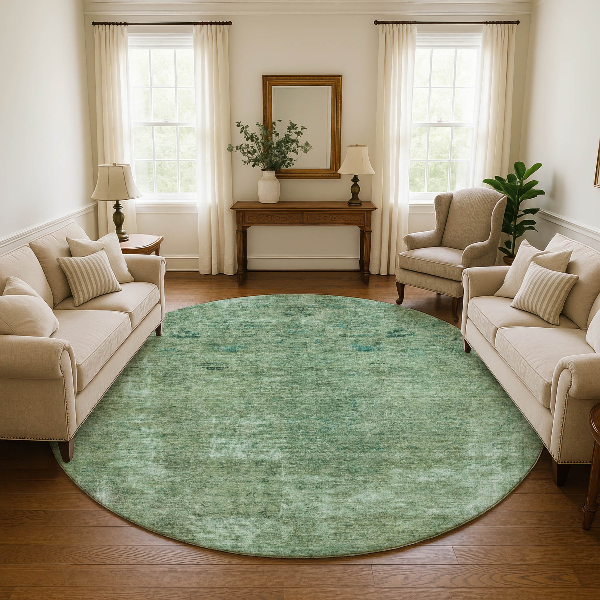 Dublin Machine Washable Traditional Sage Green Rug 8' x 8' #shape_Round