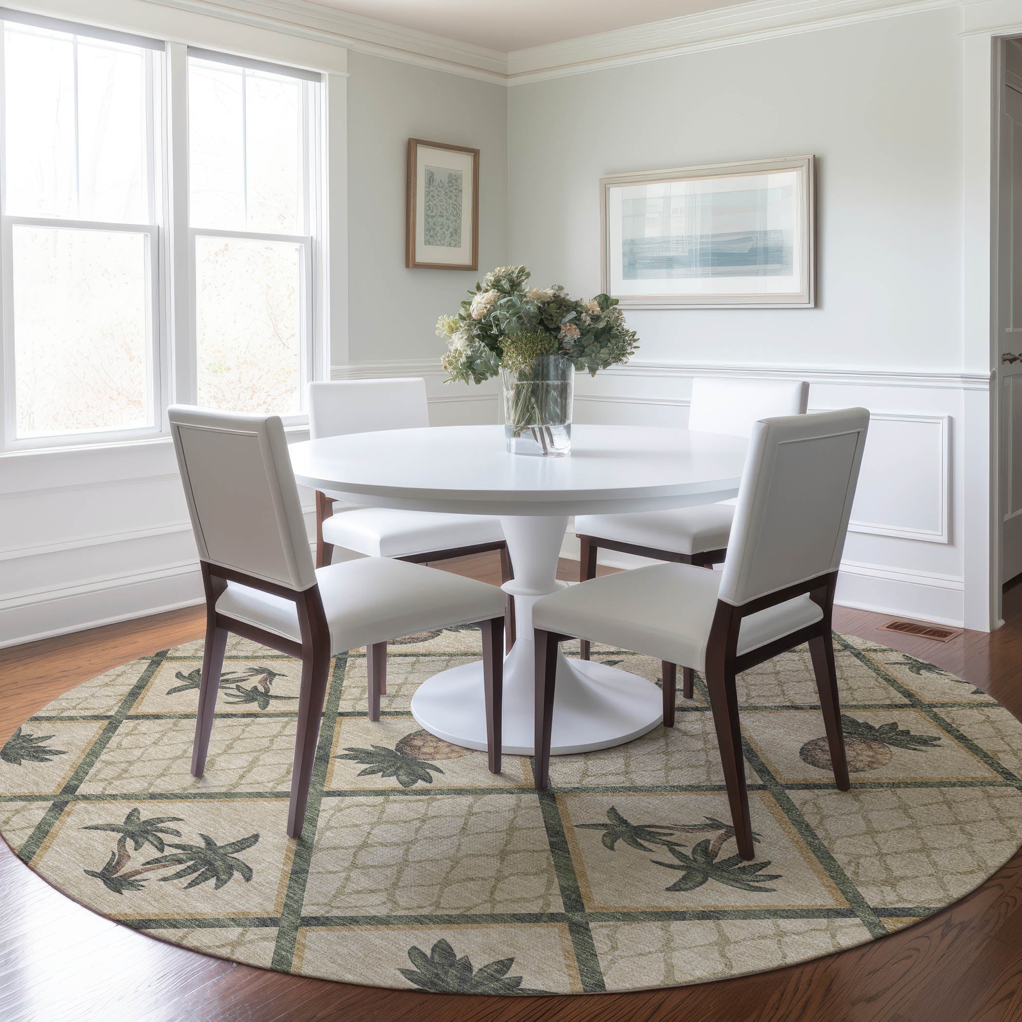 Valletta Machine Washable Kitchen Palm Beige Rug 8' x 8' #shape_Round