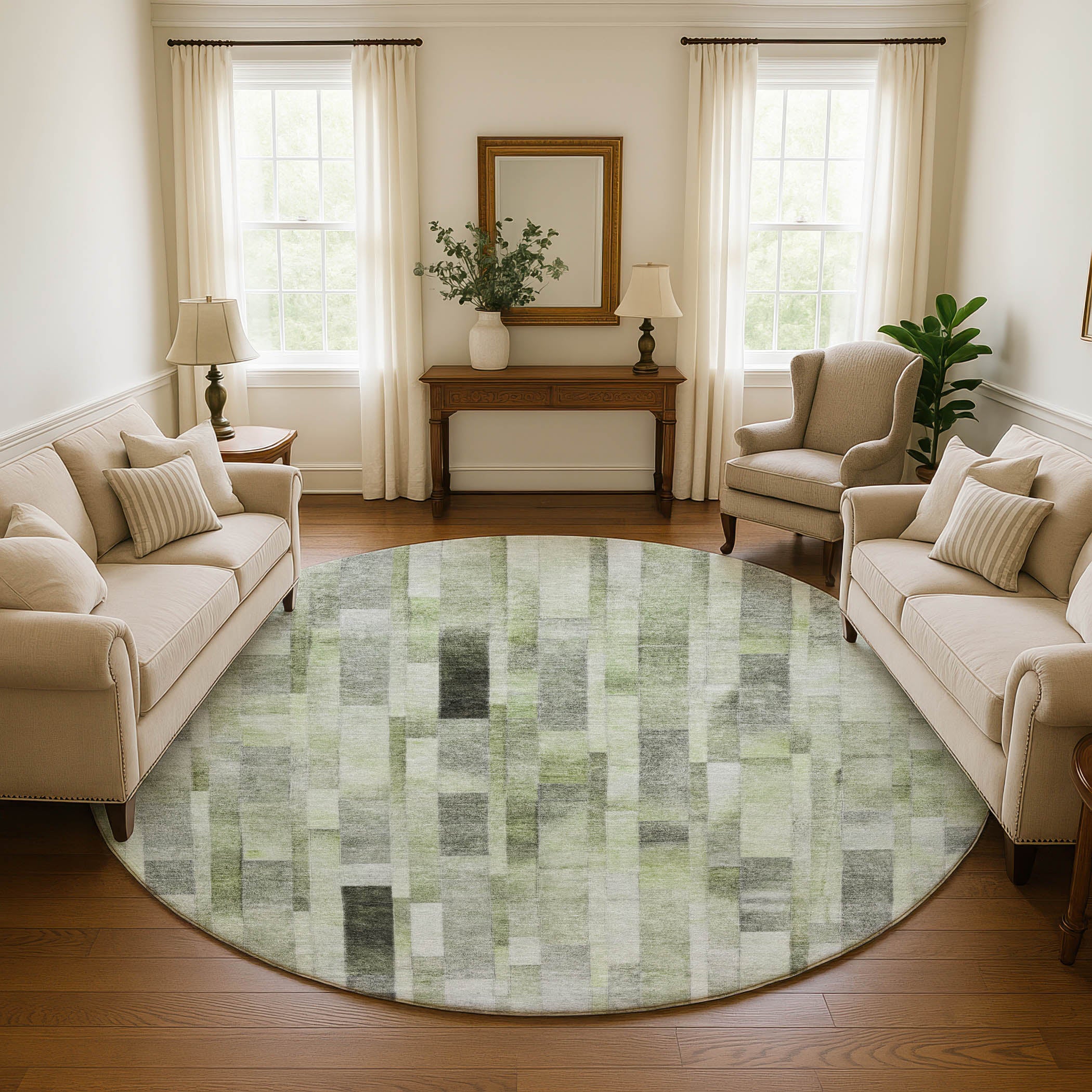 Siena Machine Washable Transitional Green Rug 8' x 8' #shape_Round