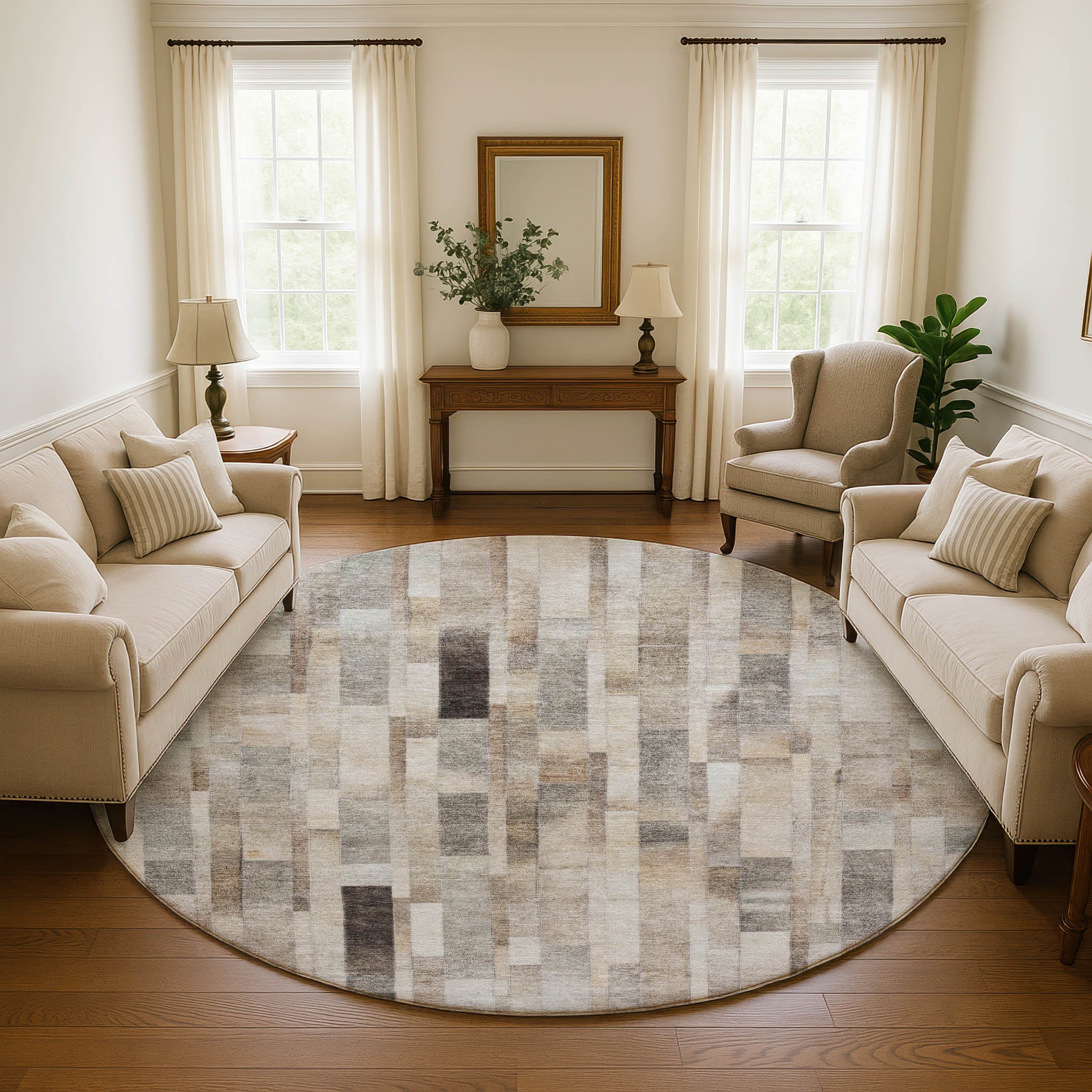 Siena Machine Washable Transitional Taupe Brown Rug 8' x 8' #shape_Round