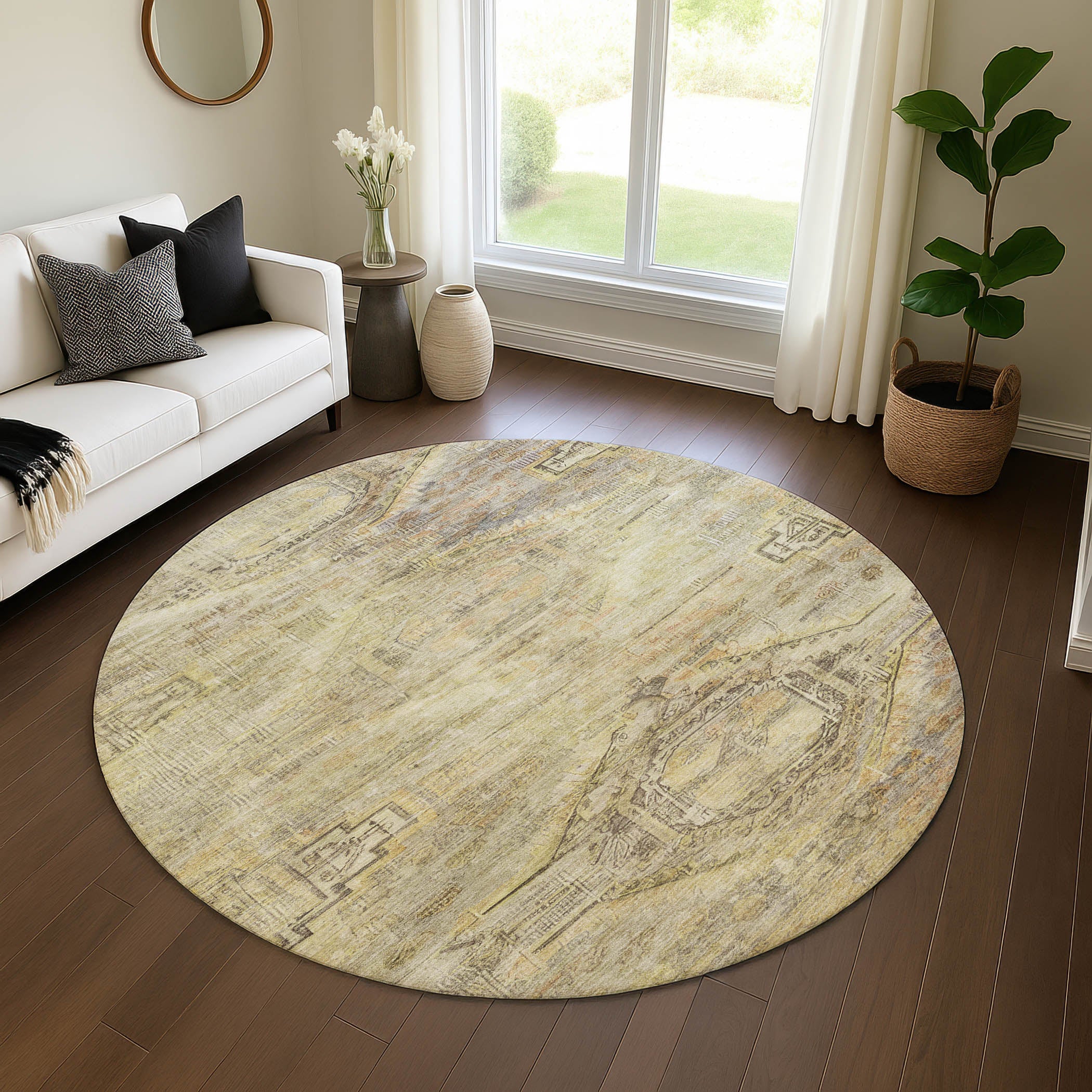 Santorini Machine Washable Traditional Aloe Green Rug 8' x 8' #shape_Round