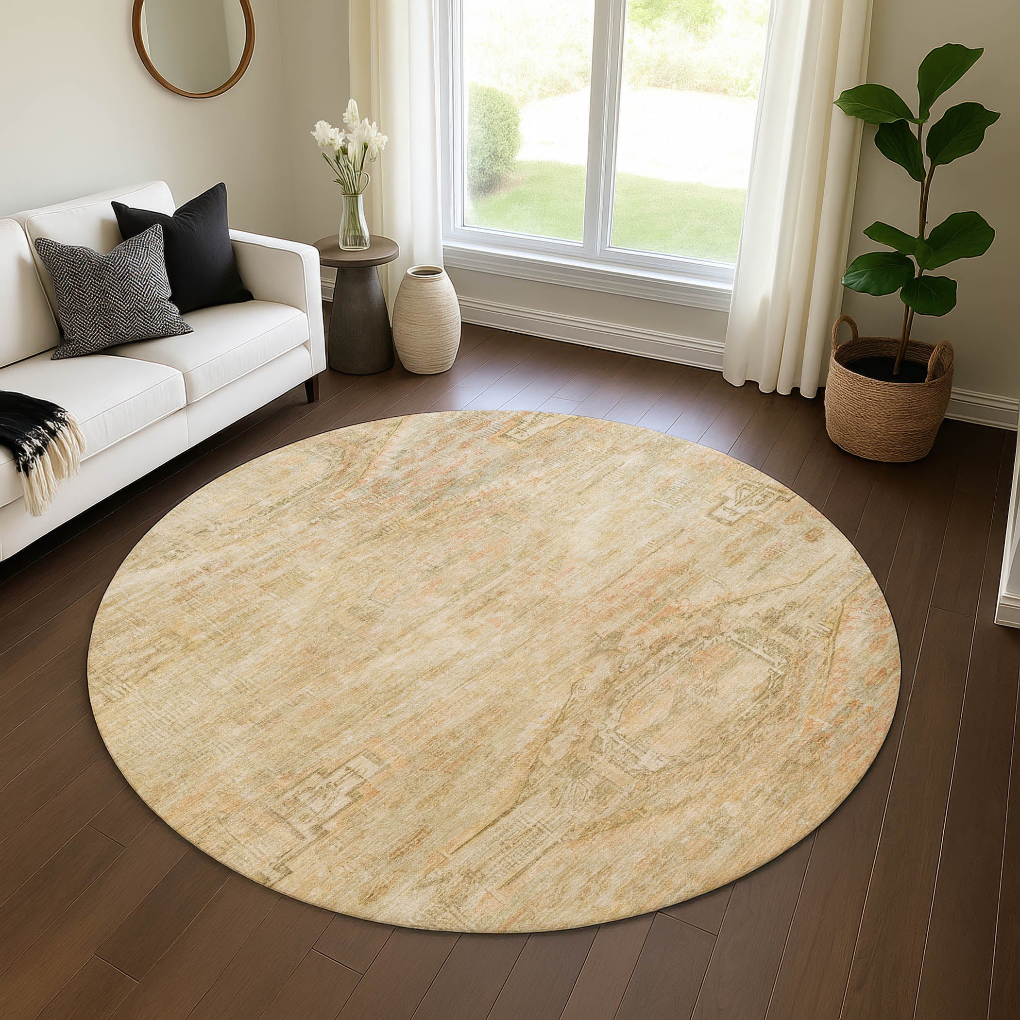 Santorini Machine Washable Traditional Linen Ivory Rug 8' x 8' #shape_Round