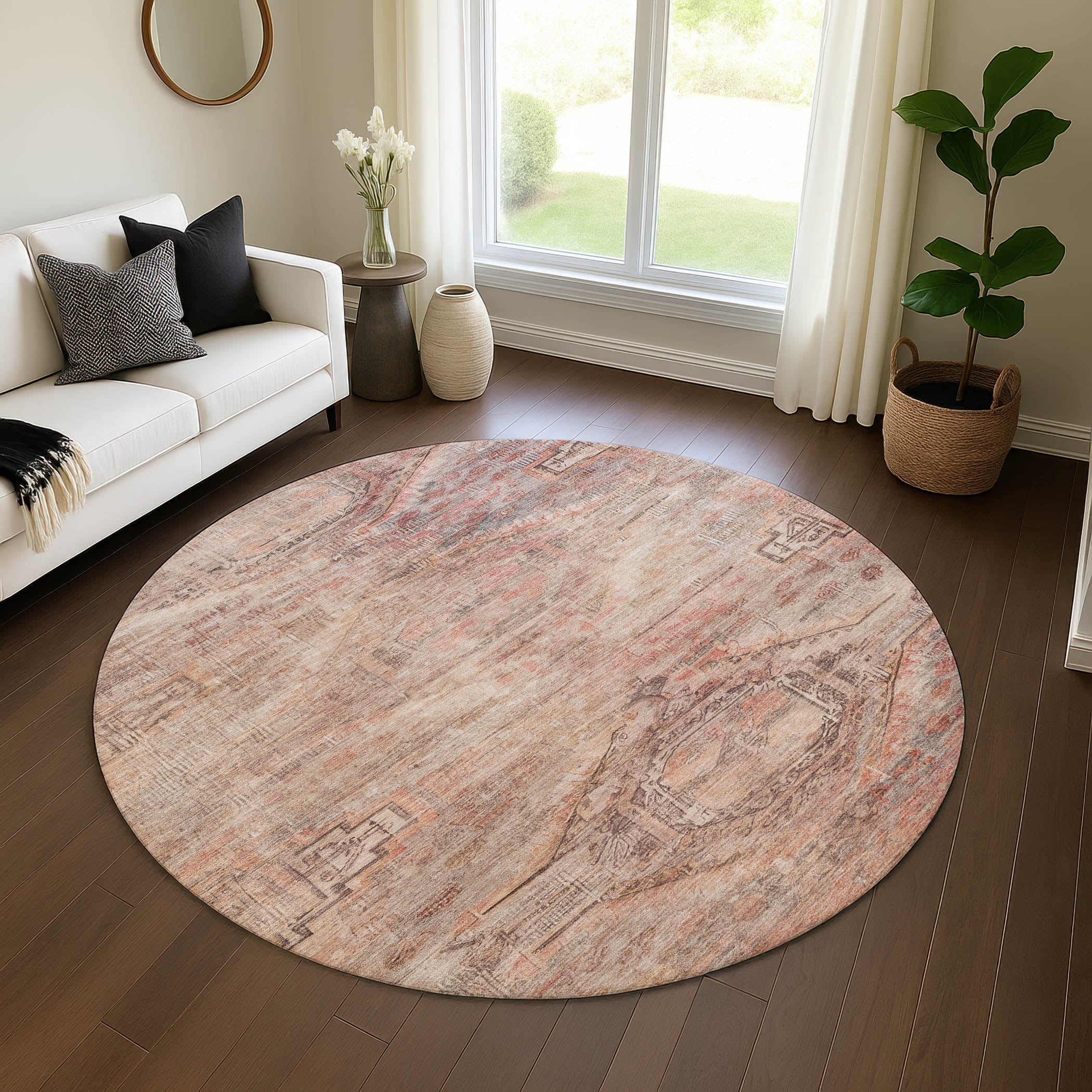 Santorini Machine Washable Traditional Salmon Orange Rug 8' x 8' #shape_Round