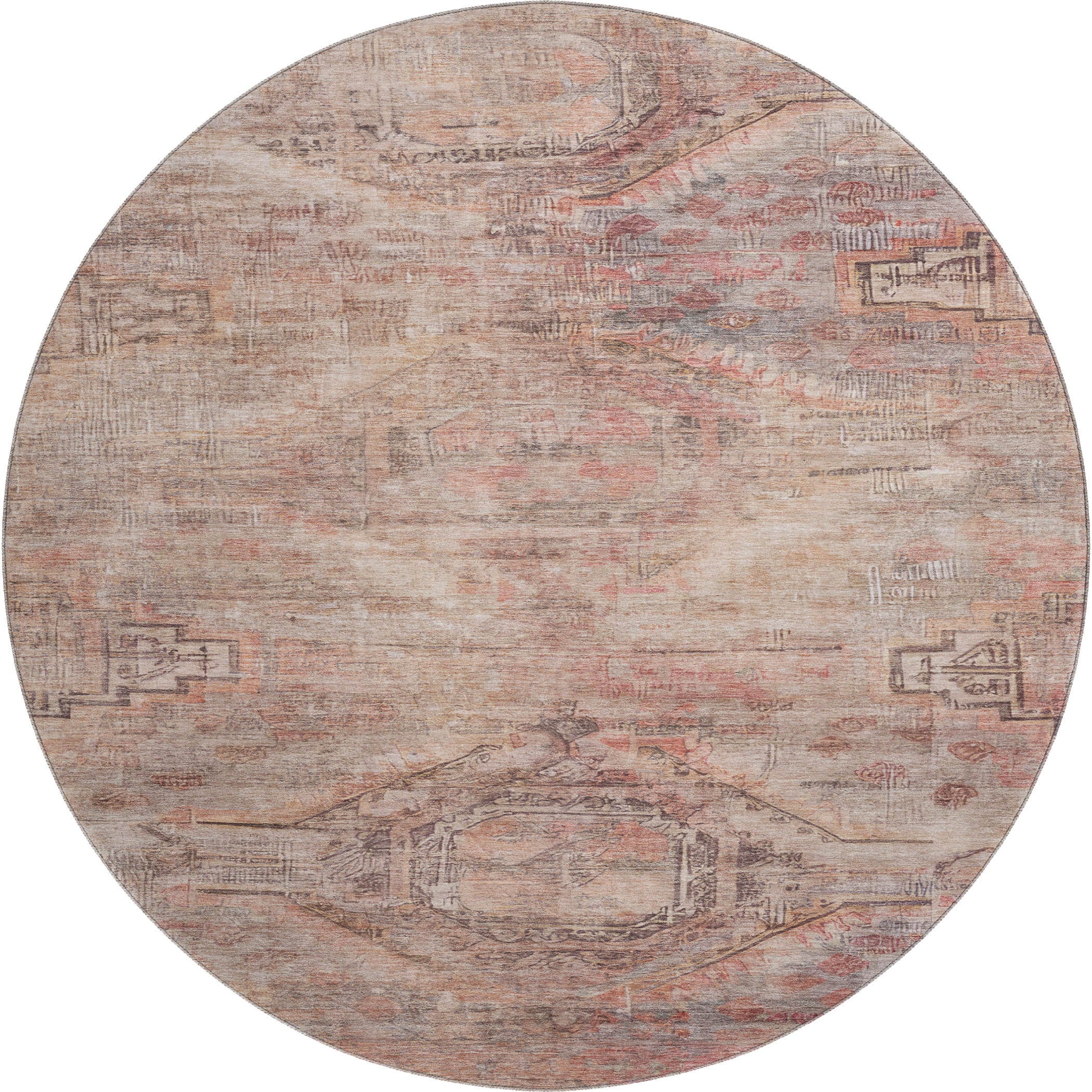 Santorini Machine Washable Traditional Salmon Orange Rug 8' x 8' #shape_Round