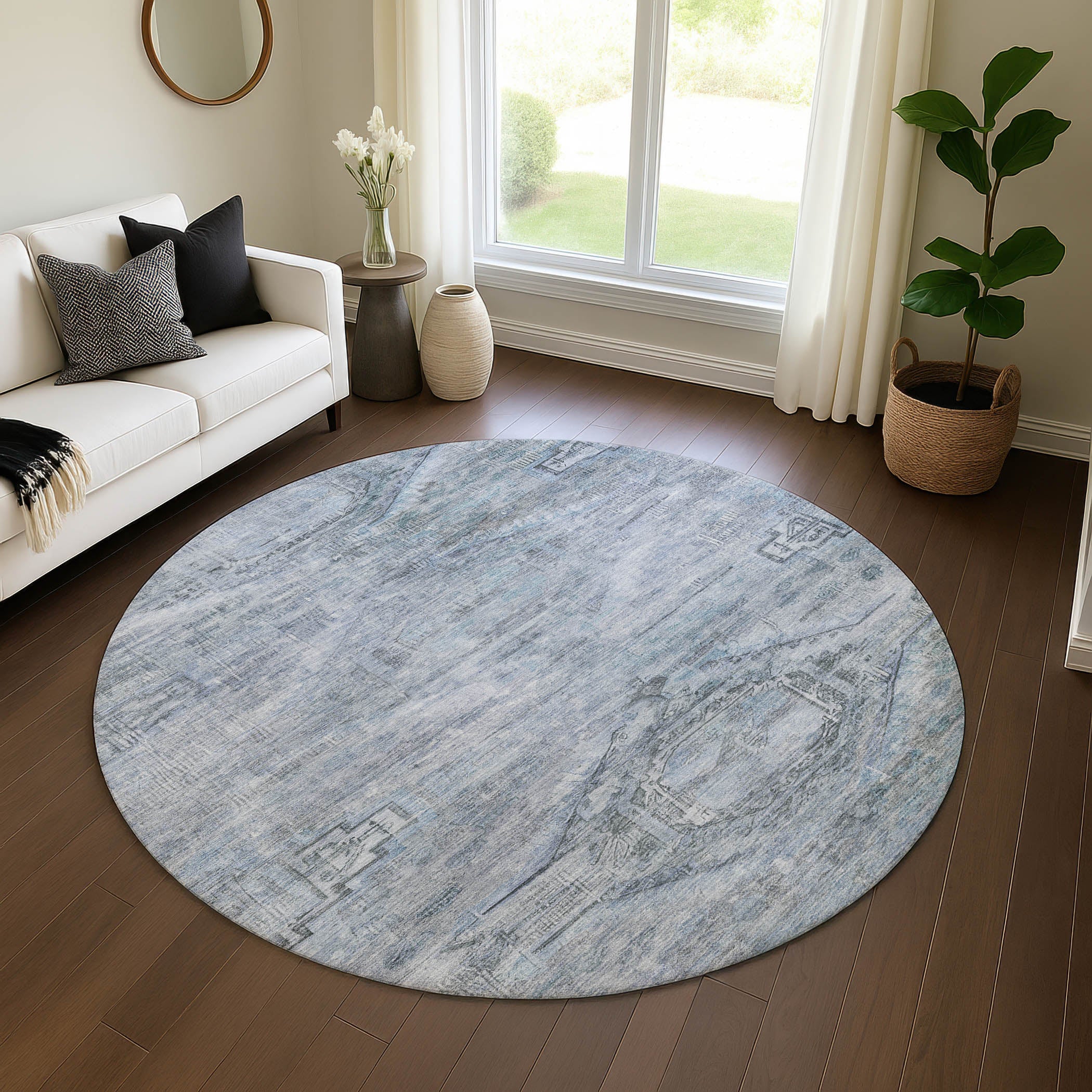 Santorini Machine Washable Traditional Sky Blue Rug 8' x 8' #shape_Round