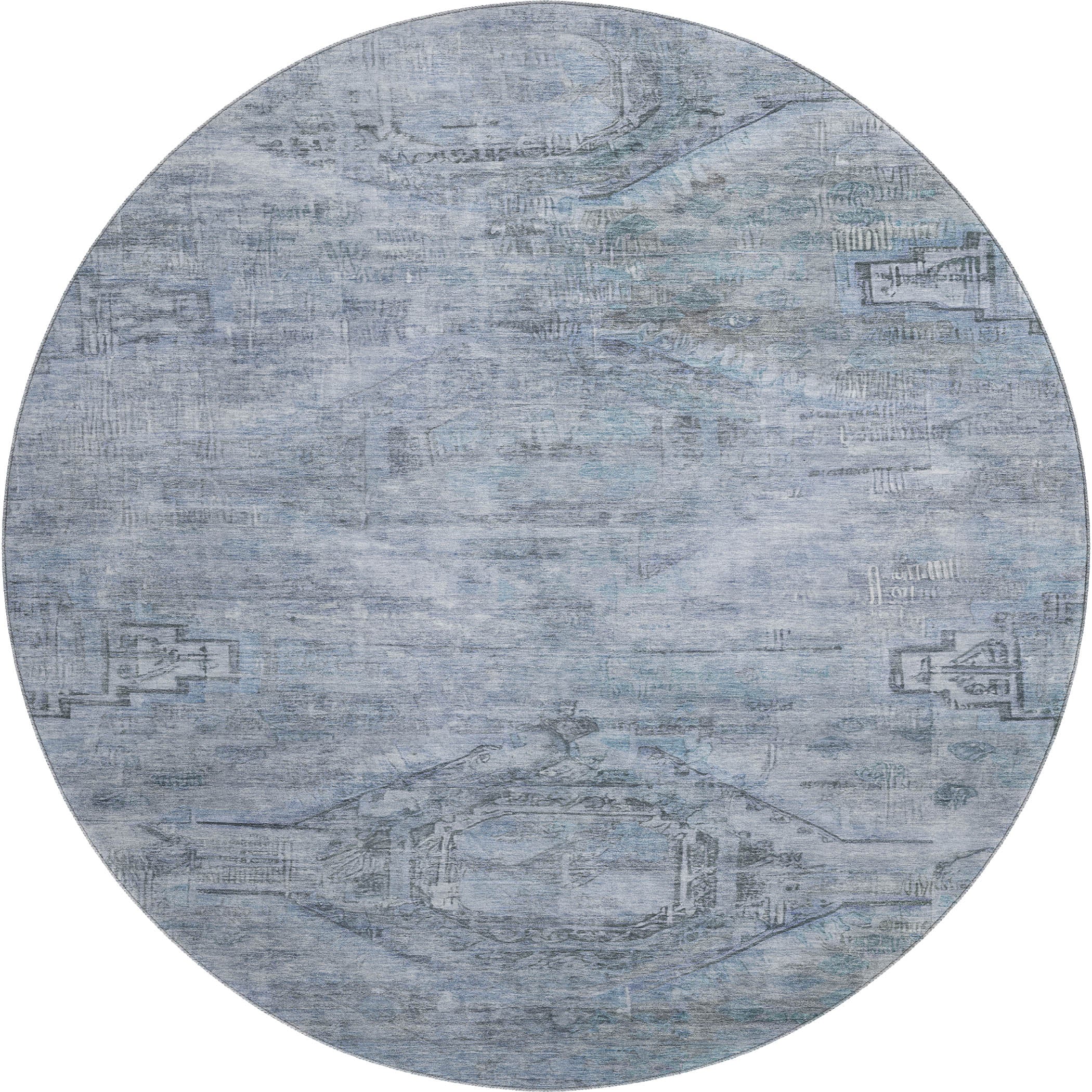 Santorini Machine Washable Traditional Sky Blue Rug 8' x 8' #shape_Round