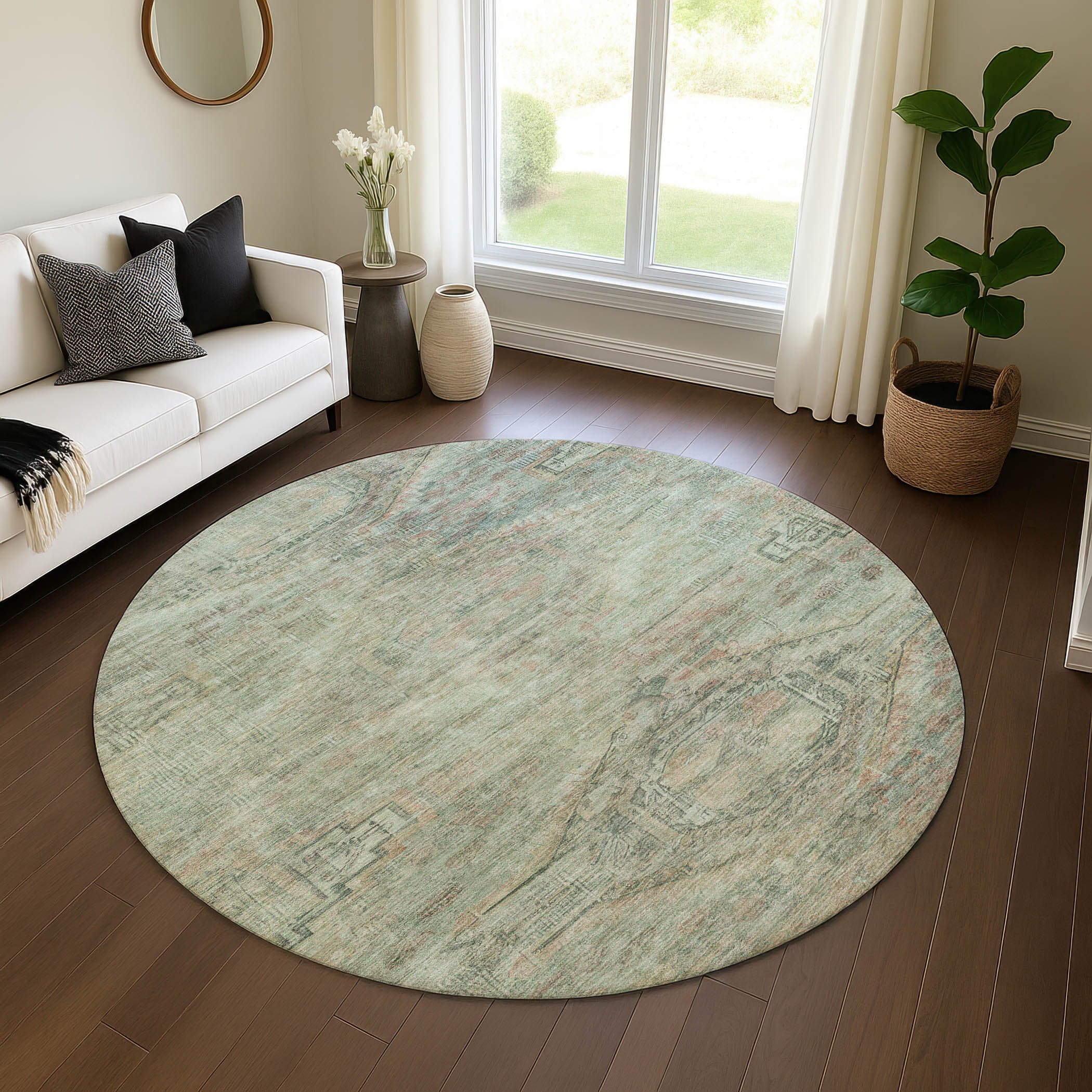 Santorini Machine Washable Traditional Teal Rug 8' x 8' #shape_Round
