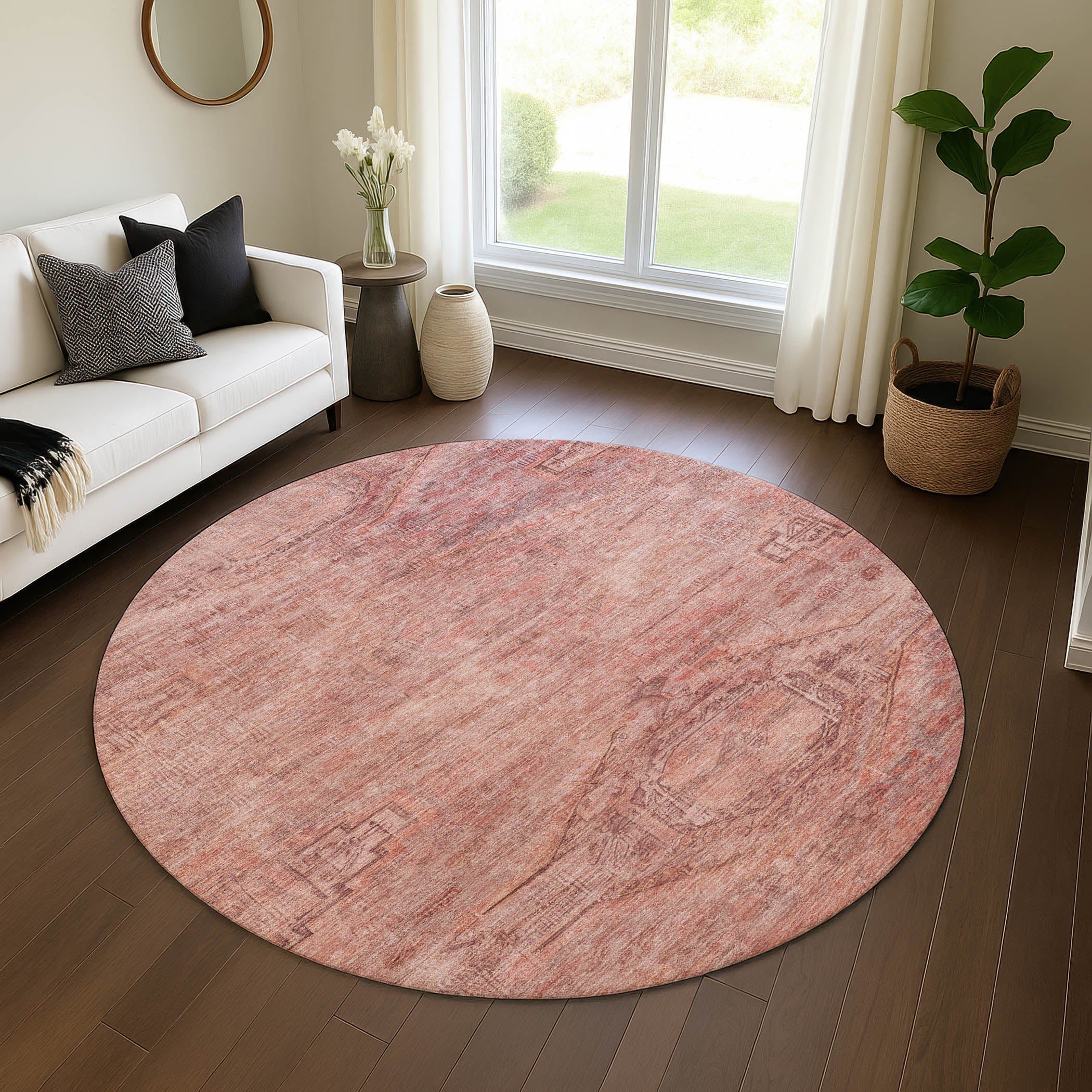 Santorini Machine Washable Traditional Terracotta Orange Rug 8' x 8' #shape_Round