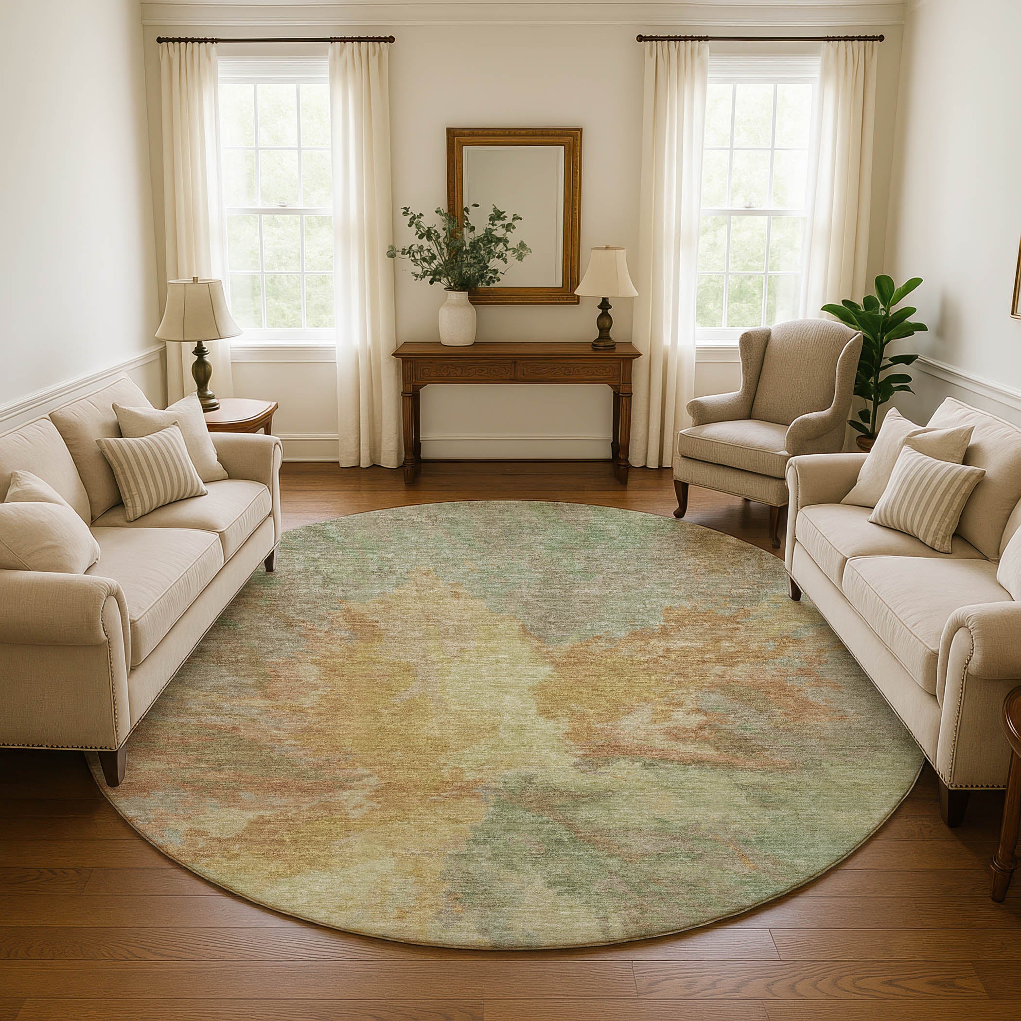 Oaxaca Machine Washable Transitional Aloe Green Rug 8' x 8' #shape_Round