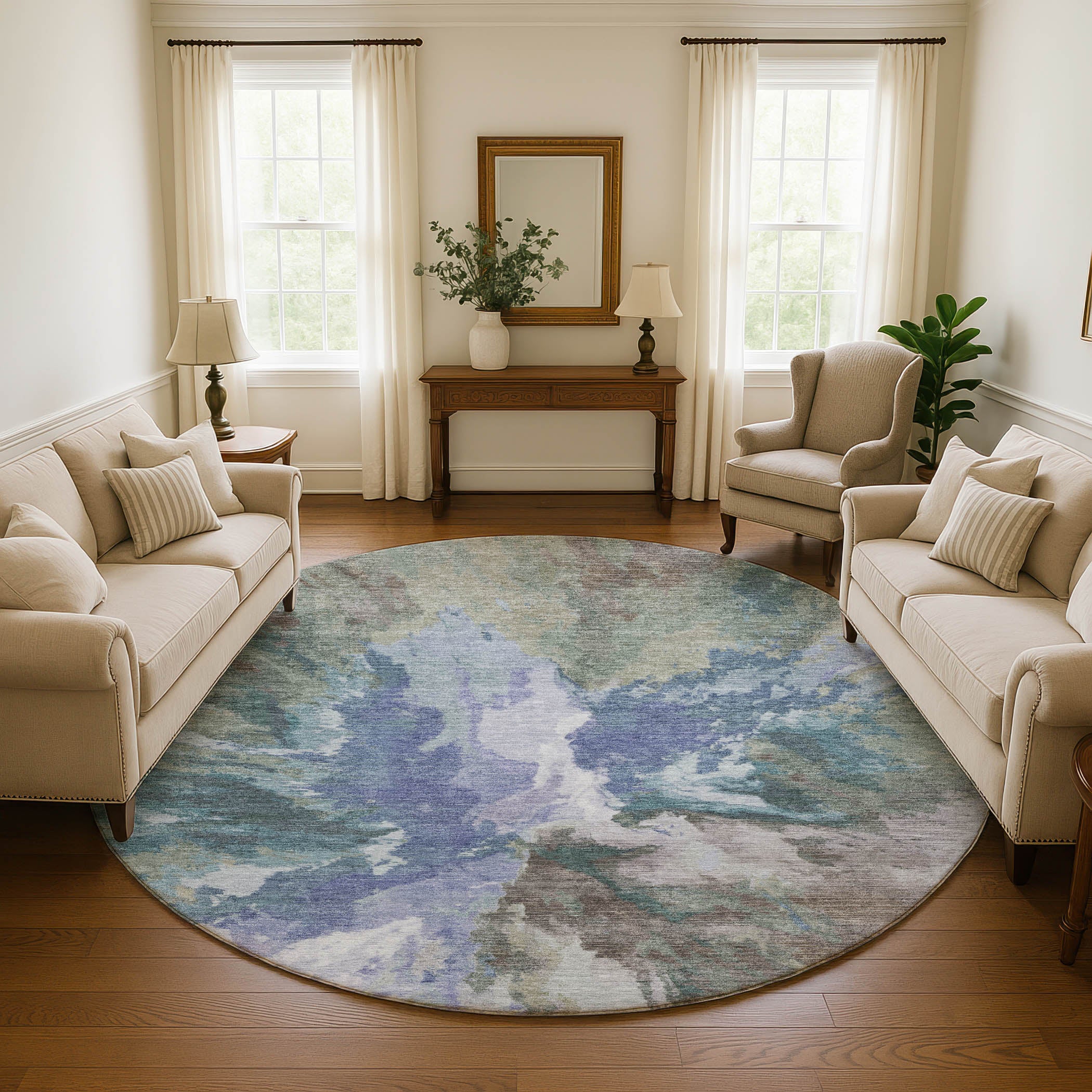 Oaxaca Machine Washable Transitional Blue Rug 8' x 8' #shape_Round