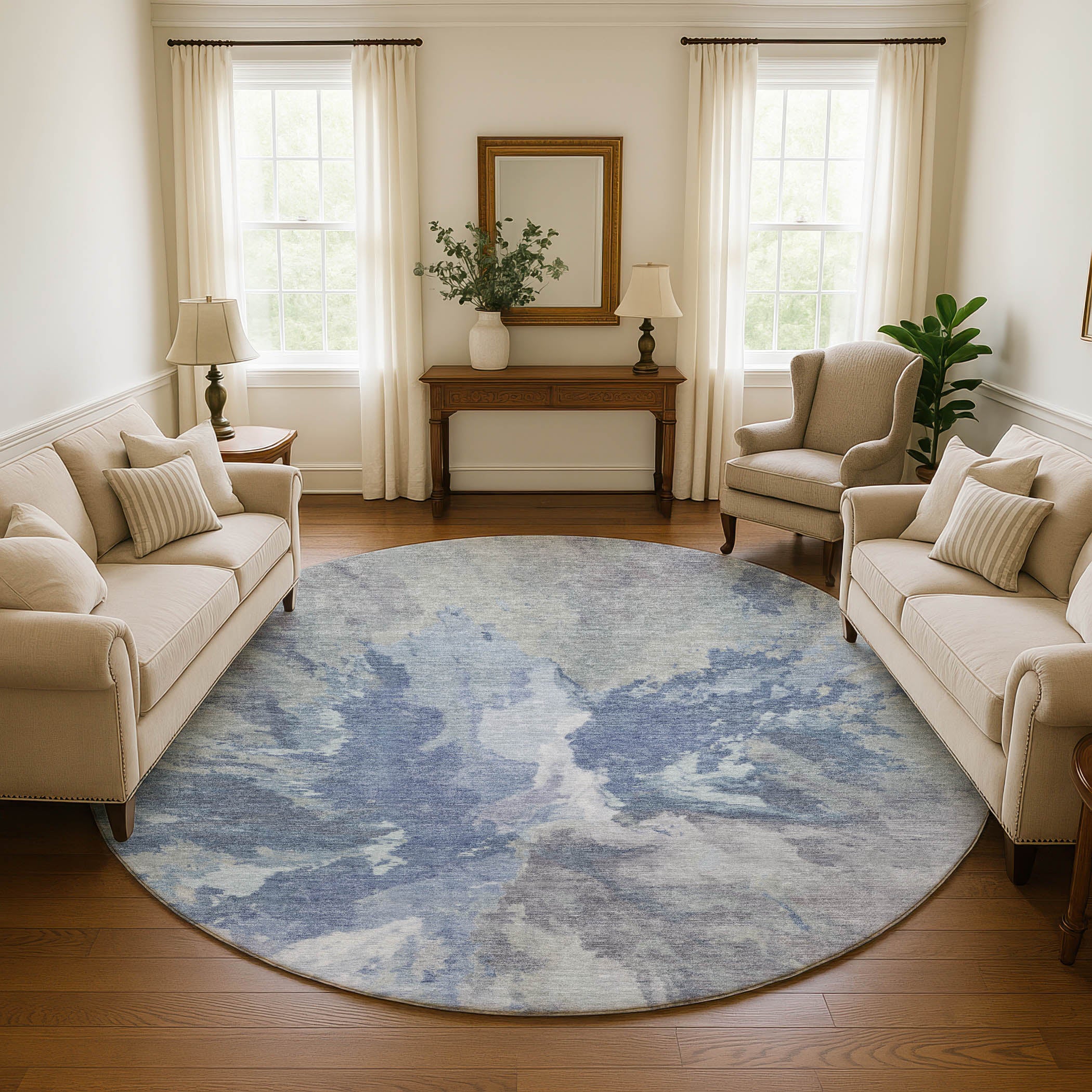 Oaxaca Machine Washable Transitional Denim Blue Rug 8' x 8' #shape_Round