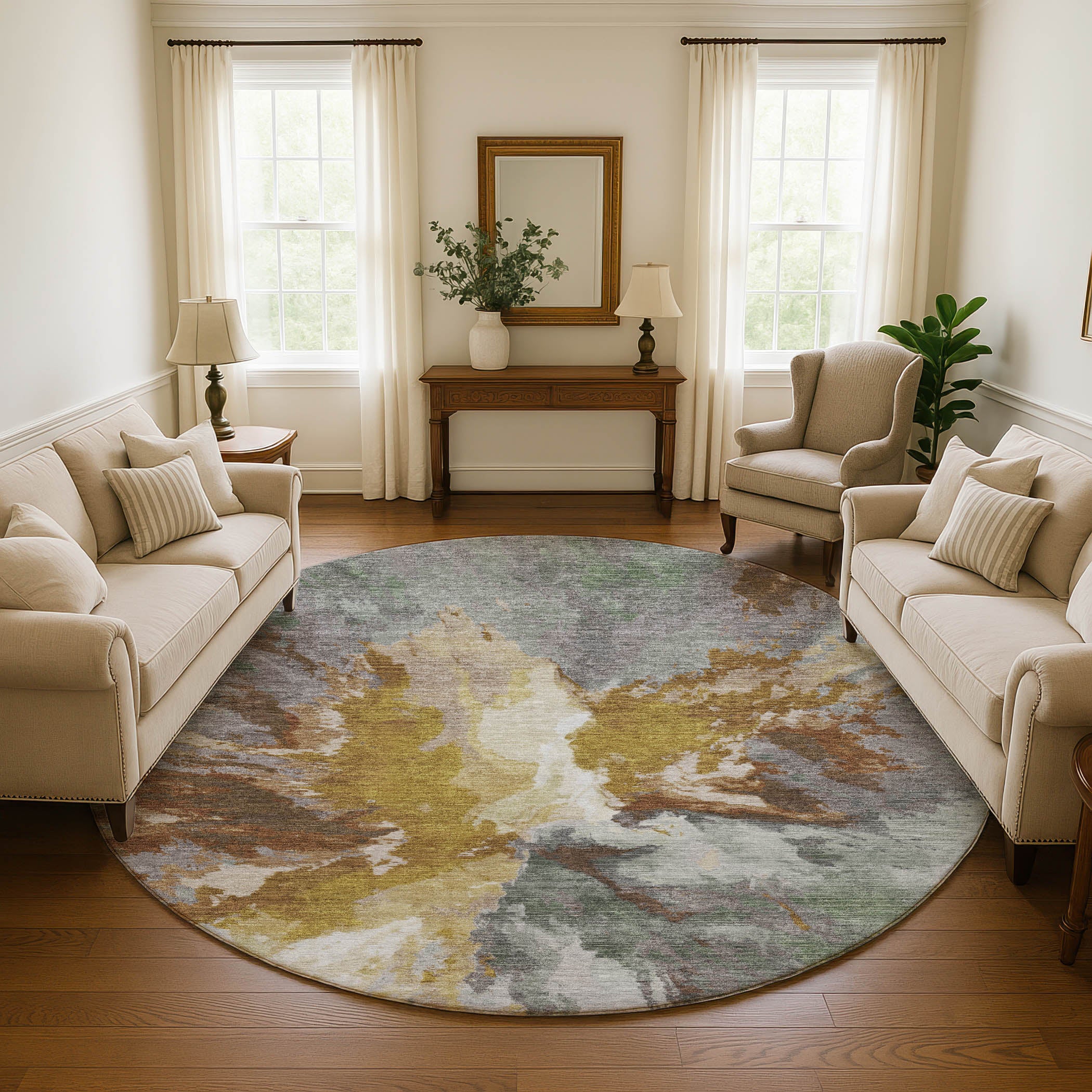 Oaxaca Machine Washable Transitional Gold Rug 8' x 8' #shape_Round