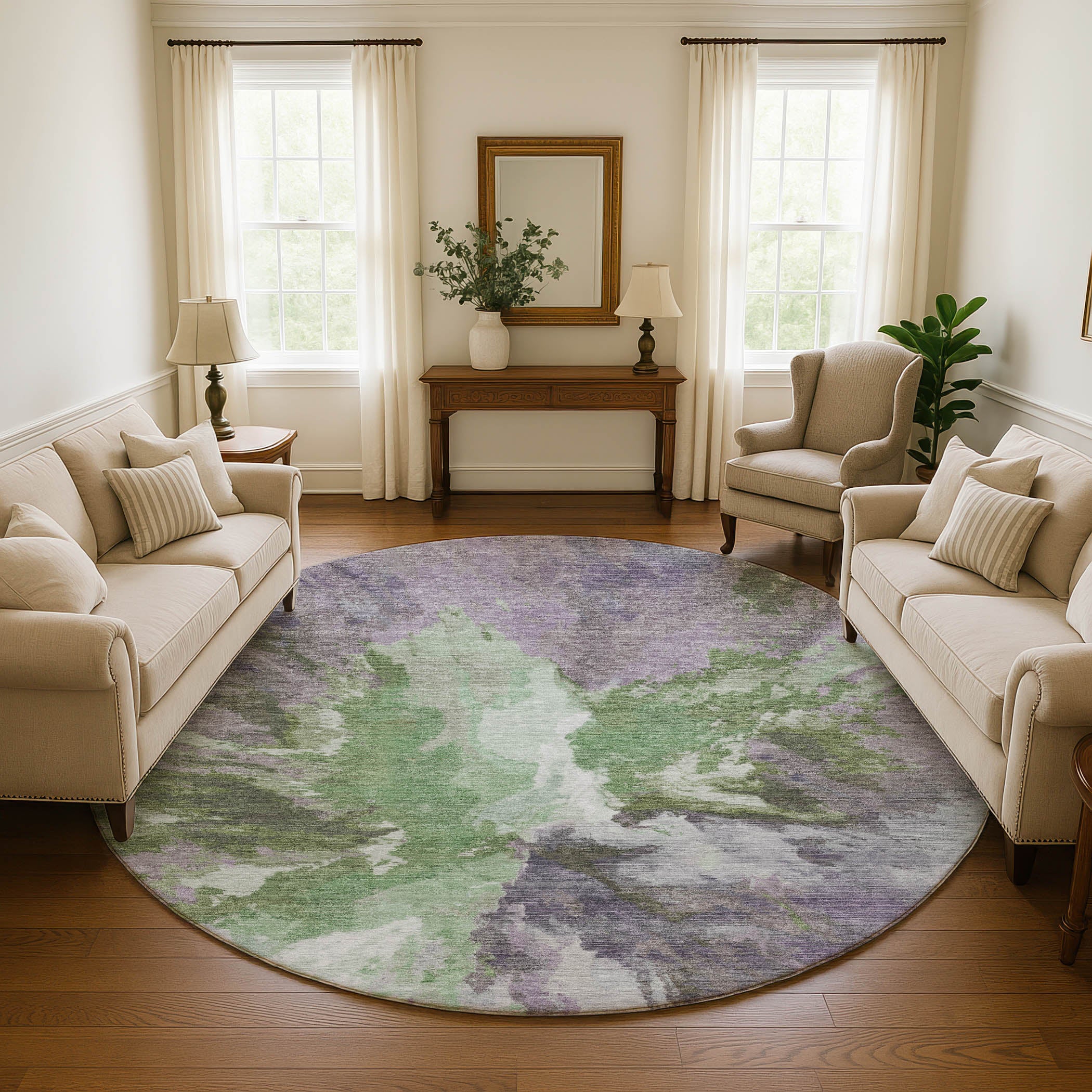 Oaxaca Machine Washable Transitional Green Rug 8' x 8' #shape_Round