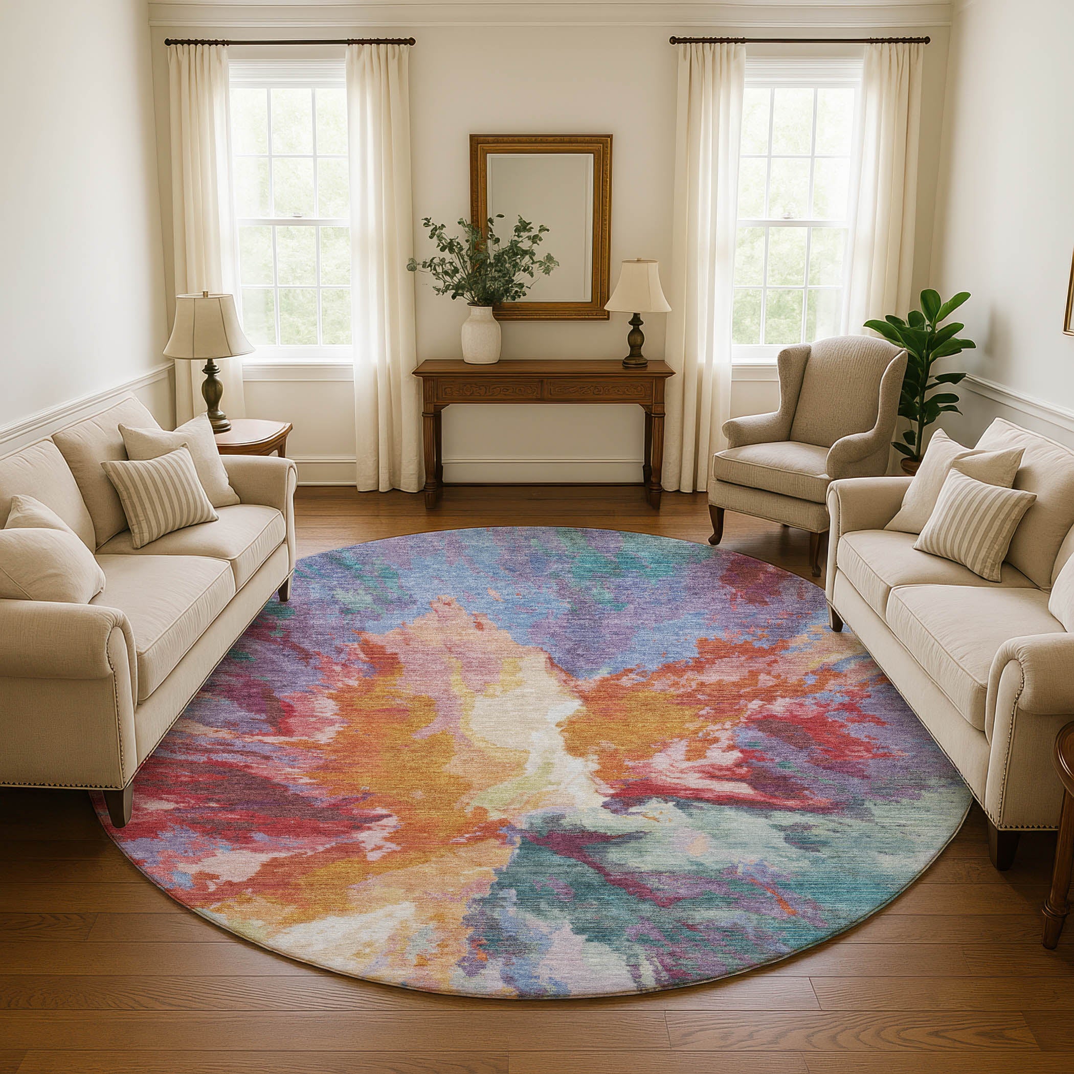 Oaxaca Machine Washable Transitional Orange Rug 8' x 8' #shape_Round