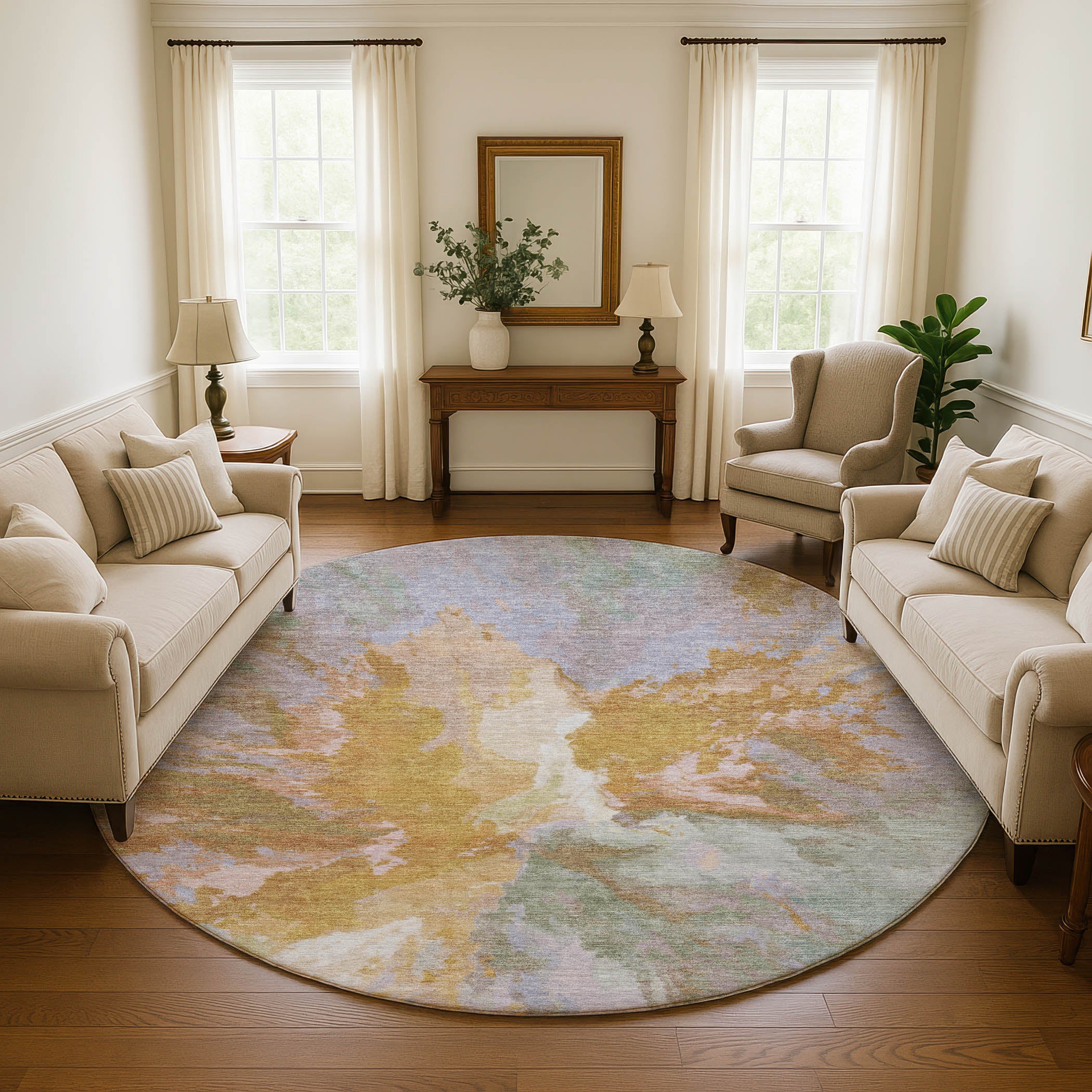 Oaxaca Machine Washable Transitional Rust Orange Rug 8' x 8' #shape_Round