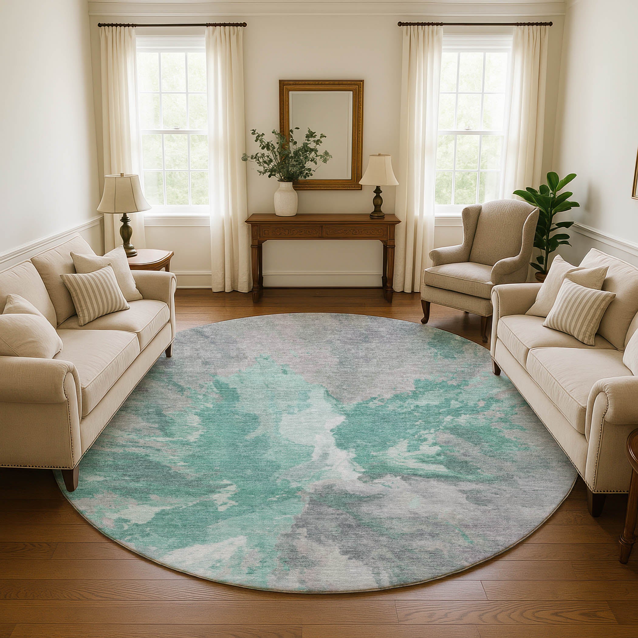 Oaxaca Machine Washable Transitional Teal Rug 8' x 8' #shape_Round
