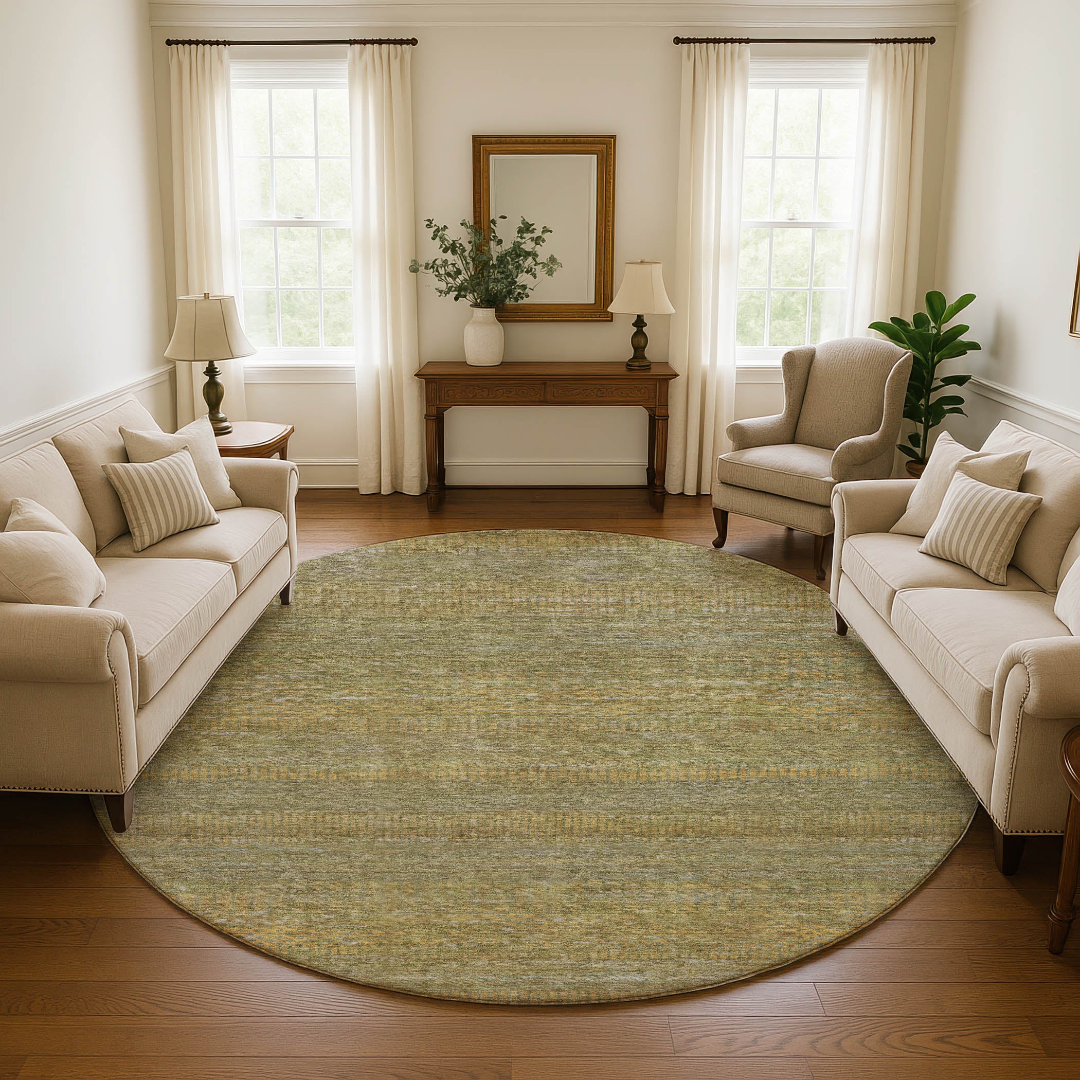 Nairobi Machine Washable Transitional Sage Green Rug 8' x 8' #shape_Round