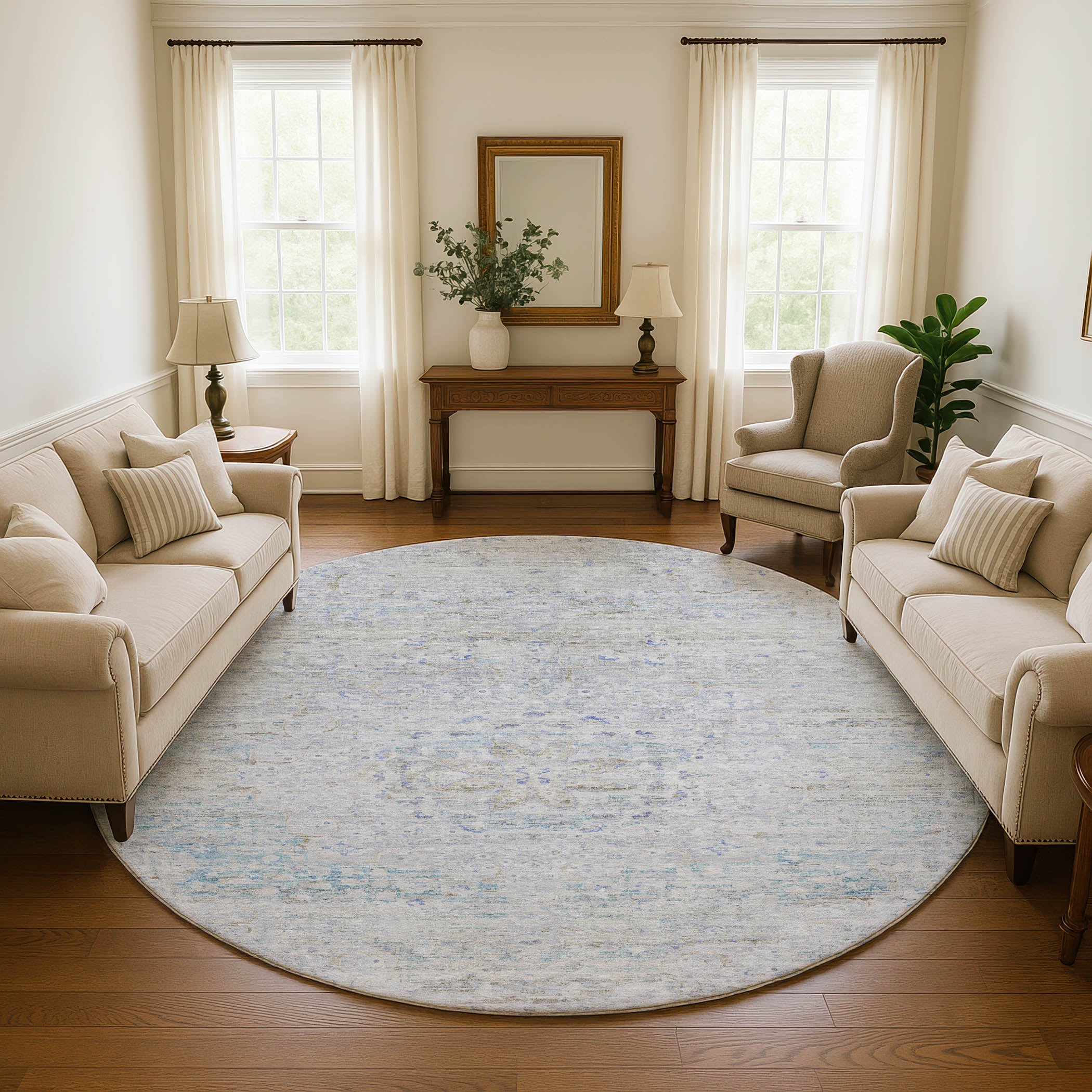 Porto Machine Washable Traditional Beige Brown Rug 8' x 8' #shape_Round