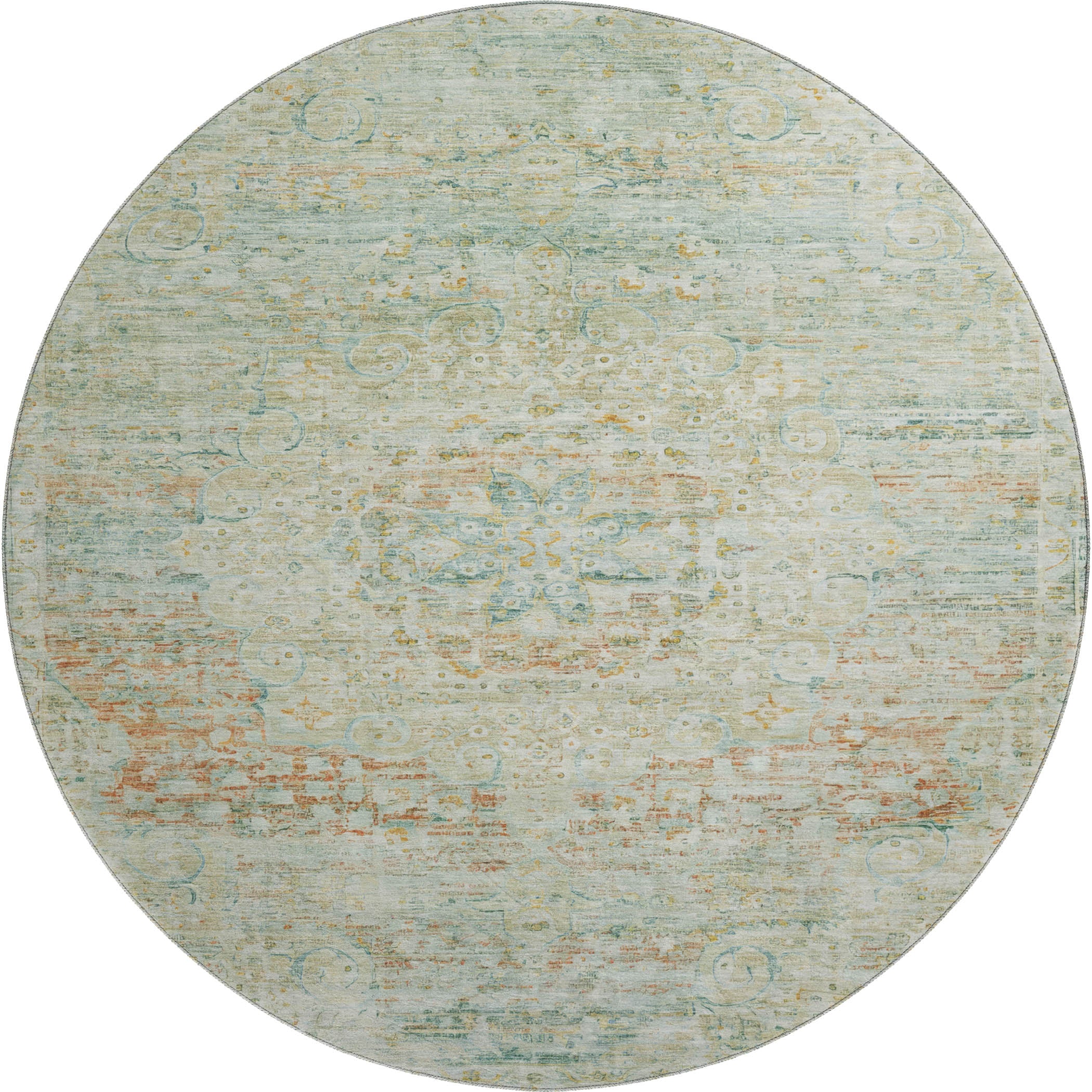 Porto Machine Washable Traditional Sage Green Rug 8' x 8' #shape_Round