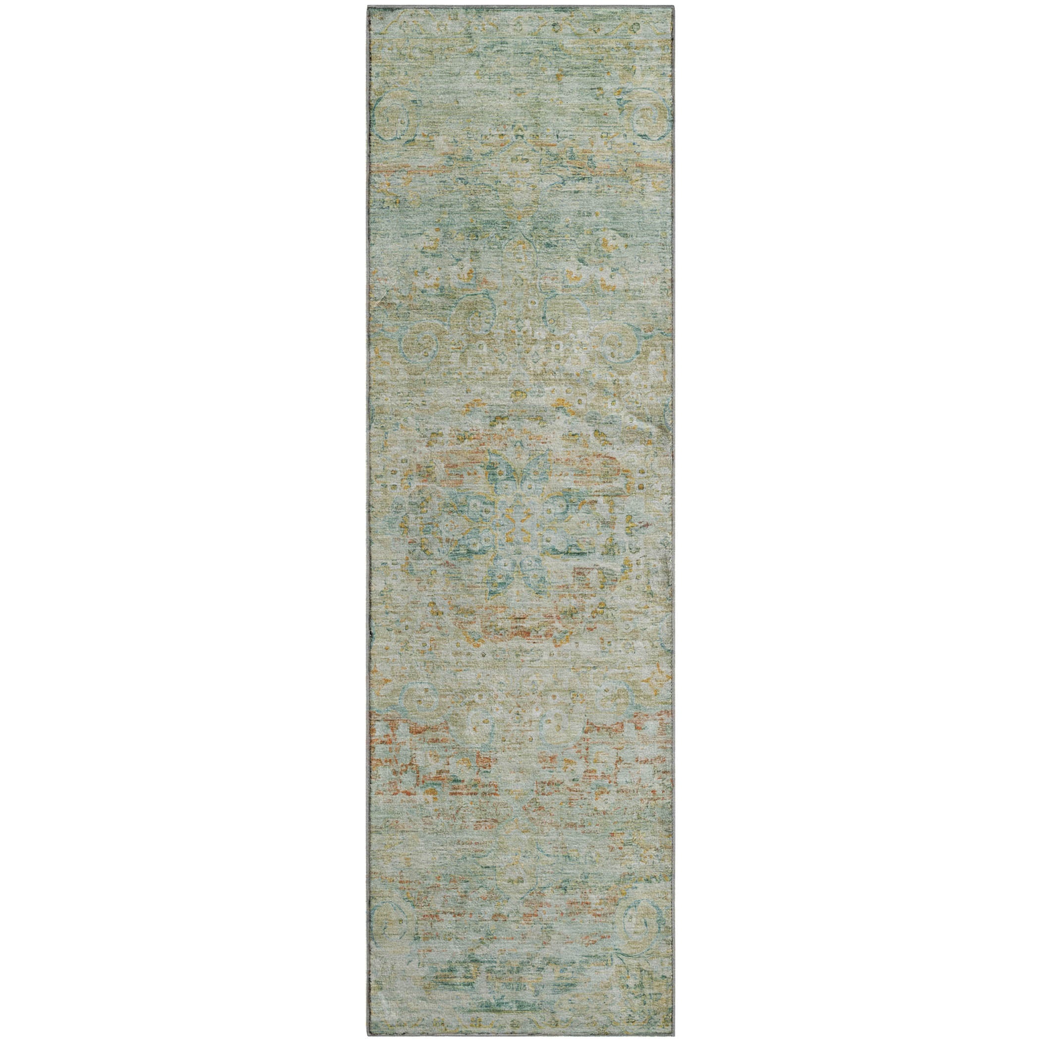 Porto Machine Washable Traditional Sage Green Rug 2'3" x 7'6" #shape_Runner